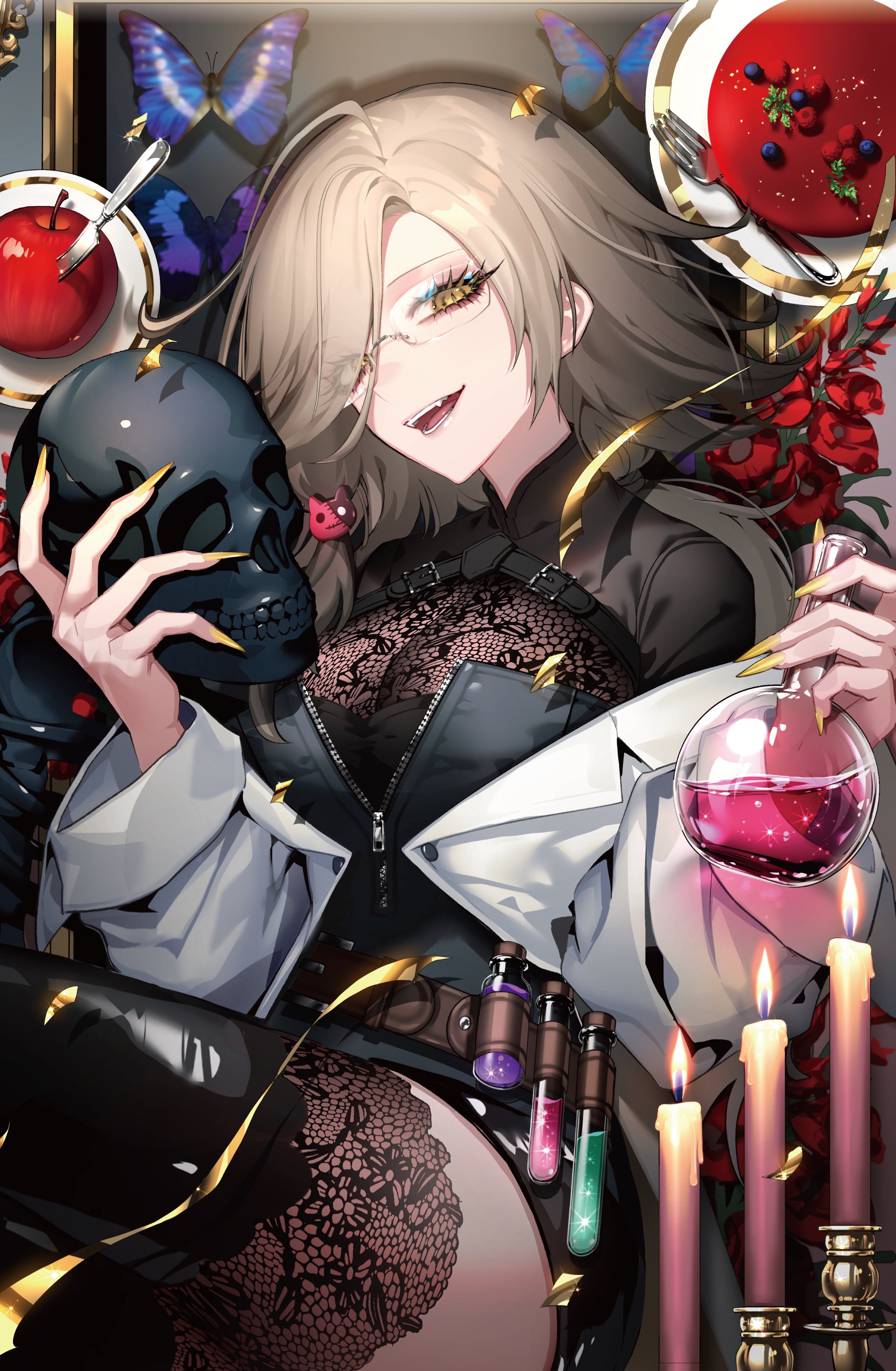 absurdres, artist request, highres, second-party source, 1girl, akashi niko, apple, belt, black dress, black thighhighs, breasts, brown belt, bug, butterfly, candle, cat hair ornament, coat, dress, eyelashes, eyes visible through hair, fingernails, fire, flower, food, fork, fruit, glasses, grey hair, hair ornament, hair over one eye, holding, holding skull, holding vial, insect, knife, long hair, open mouth, red flower, sharp fingernails, skull, test tube, thighhighs, vebop project, vial, white coat, yellow eyes, yellow nails, zipper, zipper pull tab