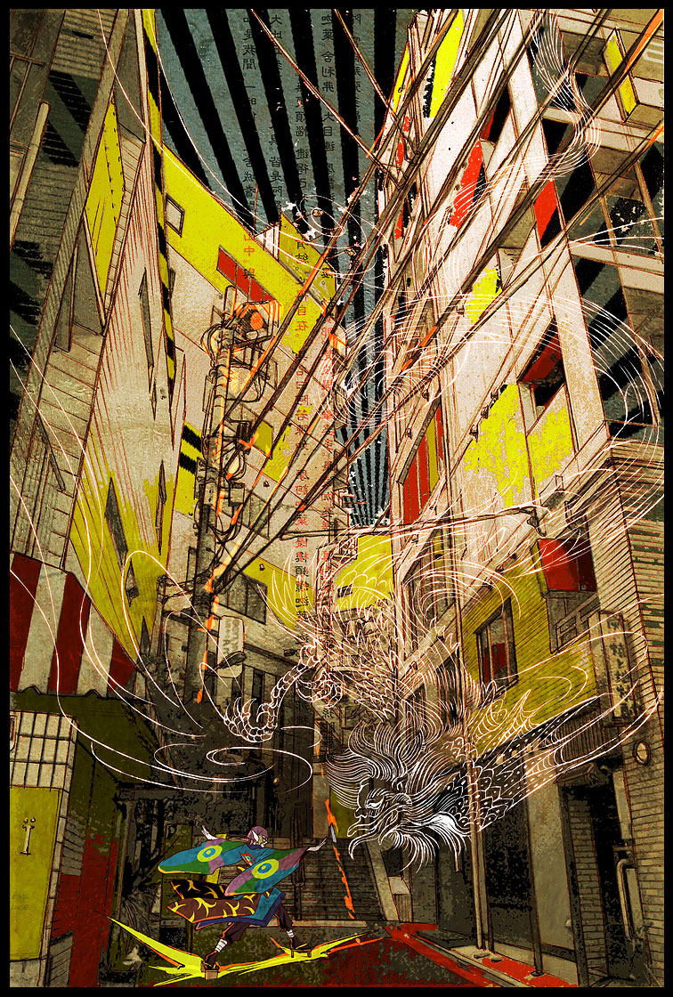 zain, kusuriuri (mononoke), mononoke, 00s, 1boy, action, bandana, blonde hair, bow, building, city, cityscape, durag, geta, japanese clothes, kimono, male focus, mirrored text, obi, pointy ears, power lines, sash, scenery, solo