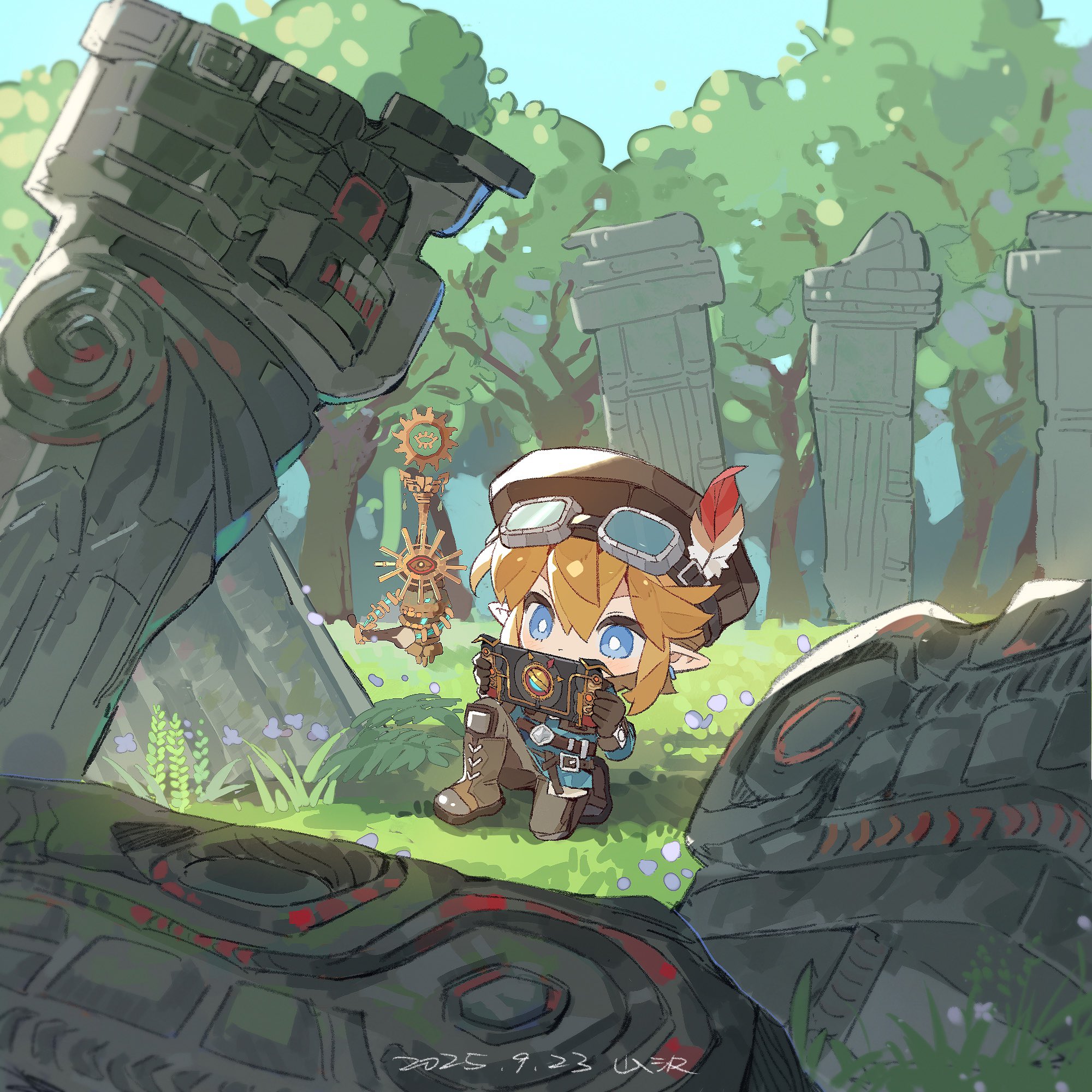 shanzer, link, nintendo, the legend of zelda, the legend of zelda: breath of the wild, the legend of zelda: tears of the kingdom, highres, 1boy, aqua tunic, artist name, black gloves, black hat, blonde hair, blue eyes, boots, chibi, chibi only, dated, forest, gloves, goggles, goggles on head, grey boots, grey pants, hair between eyes, hat, hat feather, male focus, nature, on one knee, pants, pillar, pointy ears, ruins, sidelocks, solo, tree, tunic