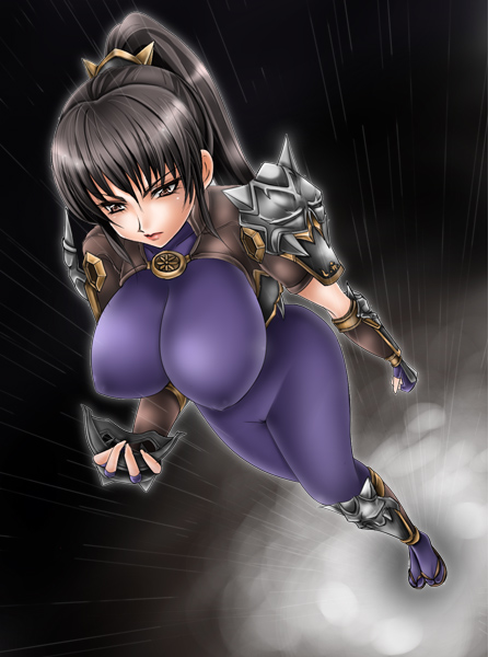 1041 (toshikazu), taki (soulcalibur), namco, soul calibur, soulcalibur, soulcalibur iii, 1girl, armor, black hair, bodysuit, breasts, brown eyes, female focus, from above, huge breasts, ninja, ponytail, rain, solo