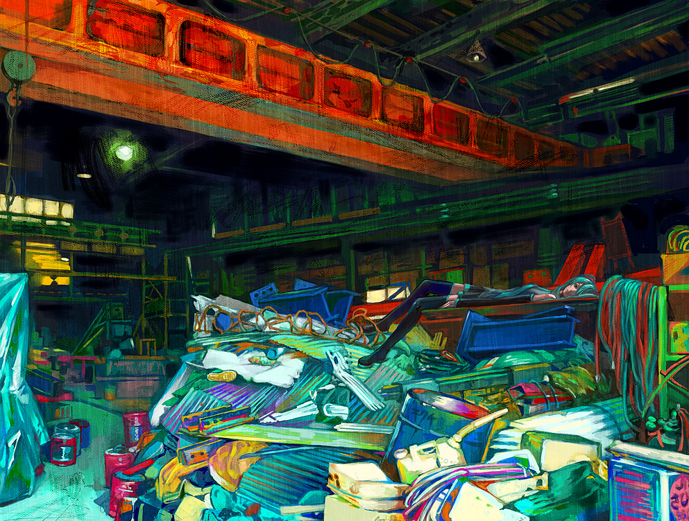 zain, hatsune miku, vocaloid, lights, bad id, bad pixiv id, 1girl, building, cable, drum (container), female focus, junk, long hair, lying, solo, very long hair, warehouse