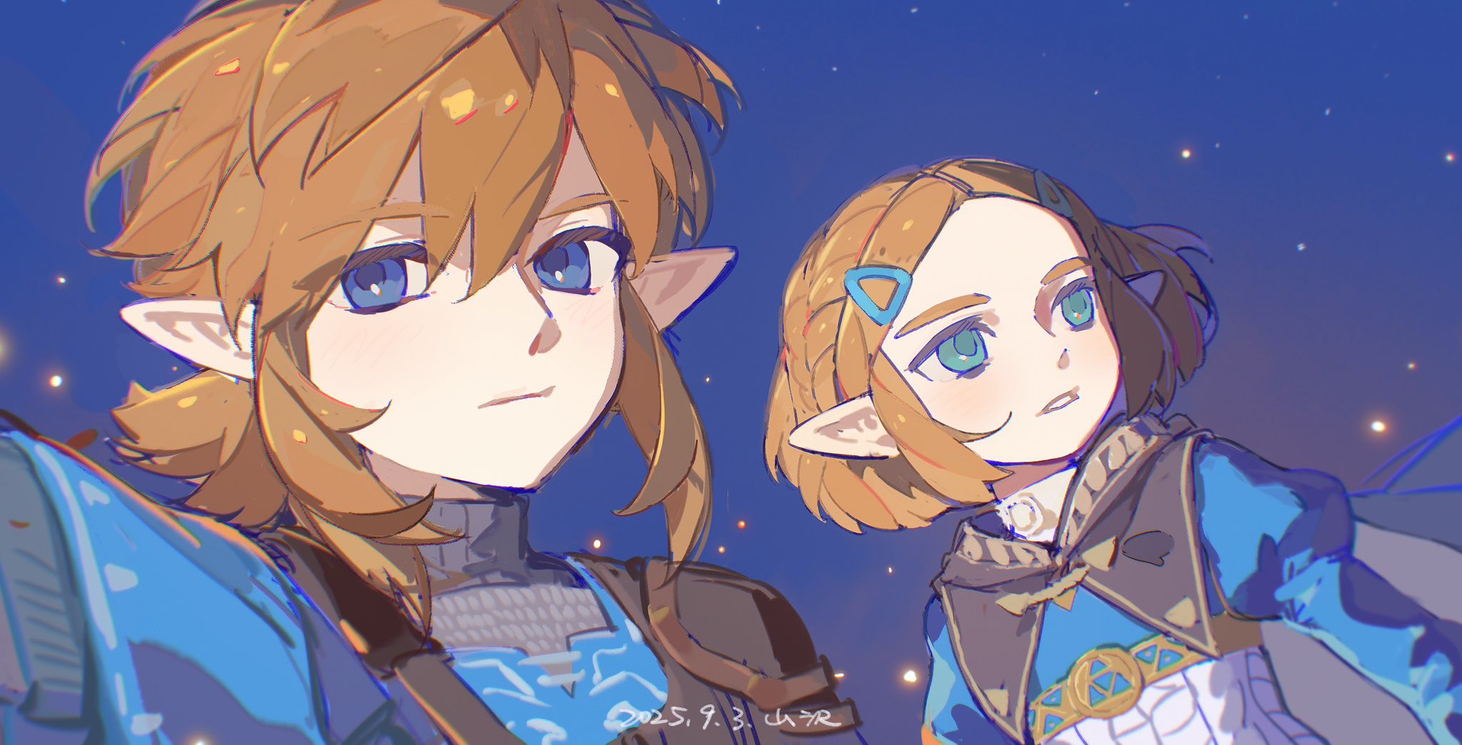 shanzer, link, princess zelda, nintendo, the legend of zelda, the legend of zelda: tears of the kingdom, highres, 1boy, 1girl, armor, artist name, black cloak, blonde hair, blue background, blue eyes, blue shirt, blue tunic, braid, chainmail, cloak, closed mouth, crown braid, dated, gold trim, green eyes, hair between eyes, hair ornament, hairclip, juliet sleeves, long sleeves, looking at viewer, looking to the side, low ponytail, medium hair, parted bangs, parted lips, pointy ears, ponytail, puffy sleeves, shirt, short hair, shoulder armor, sidelocks, triforce, tunic, upper body