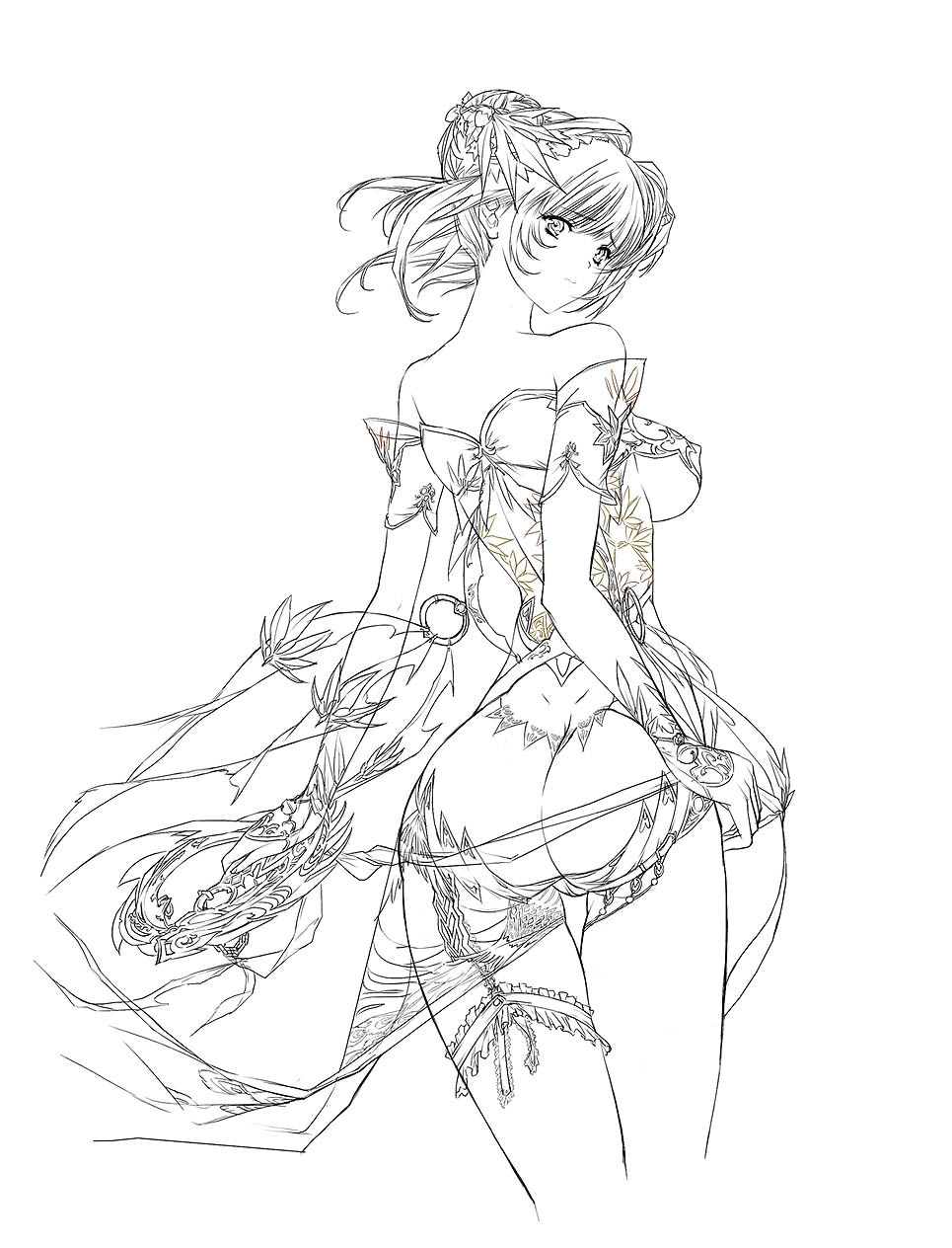 q azieru, original, highres, 1girl, ass, asymmetrical clothes, asymmetrical legwear, bare shoulders, breasts, chakram, covered erect nipples, dimples of venus, female focus, greyscale, hair bun, hair ornament, large breasts, looking at viewer, looking back, monochrome, revealing clothes, simple background, single thighhigh, solo, thigh gap, thighhighs, thighs, uneven legwear, weapon, white background