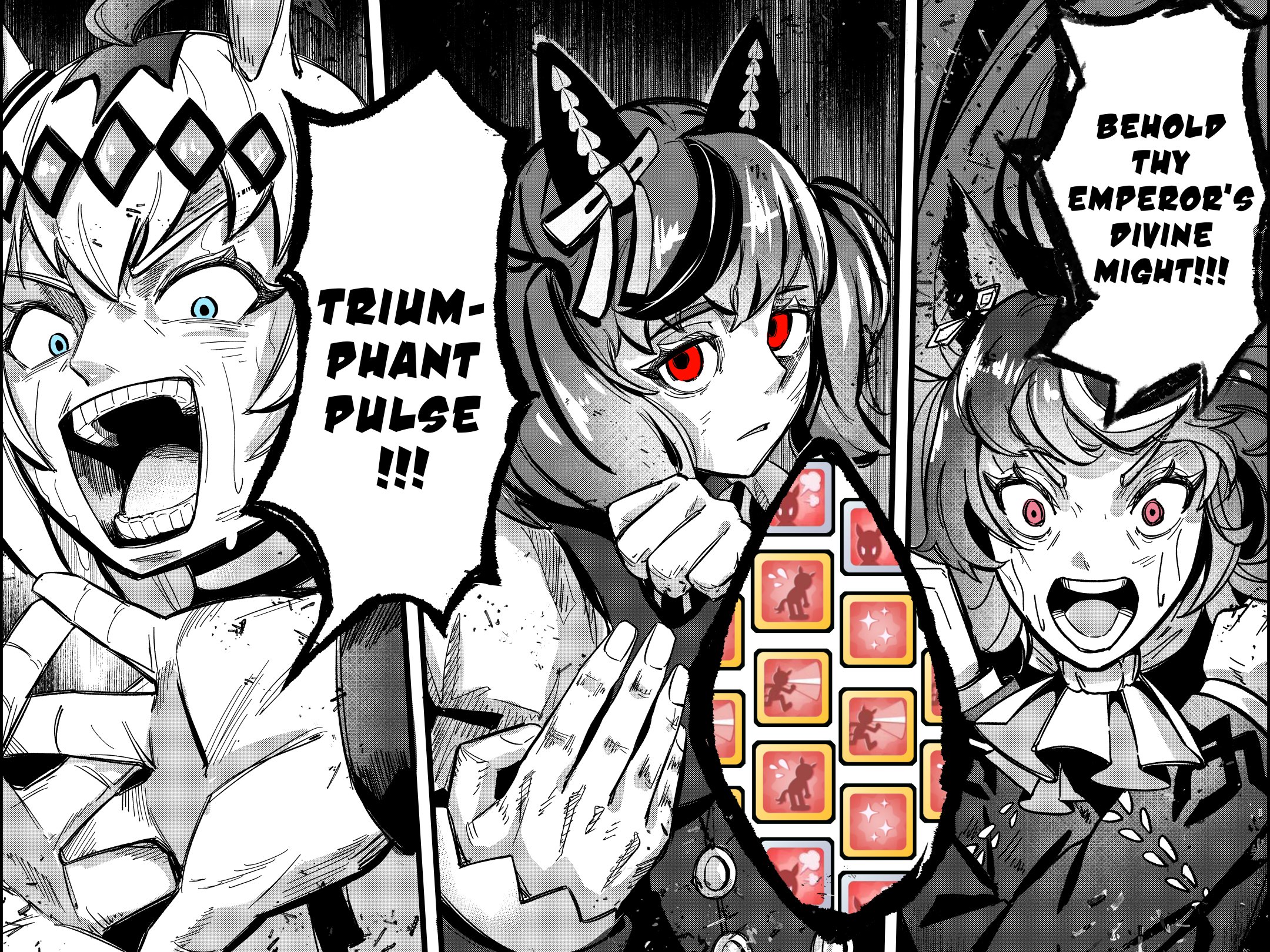 sakanaflyer, nice nature (poinsettia ribbon) (umamusume), nice nature (umamusume), oguri cap (starlight beat) (umamusume), oguri cap (umamusume), symboli rudolf (emperor's path) (umamusume), symboli rudolf (umamusume), jujutsu kaisen, umamusume, commentary, english commentary, highres, 3girls, ahoge, animal ears, blue eyes, bow, domain expansion, dress, ear bow, ear covers, ear ornament, earrings, english text, gameplay ability, gameplay mechanics, greyscale, hair between eyes, hair ornament, hairband, horse ears, horse girl, jacket, jewelry, long hair, long sleeves, looking at viewer, medium hair, monochrome, multicolored hair, multiple girls, open mouth, parody, parted lips, pink eyes, purple eyes, red eyes, single earring, speech bubble, spot color, streaked hair, teeth, twintails, upper body