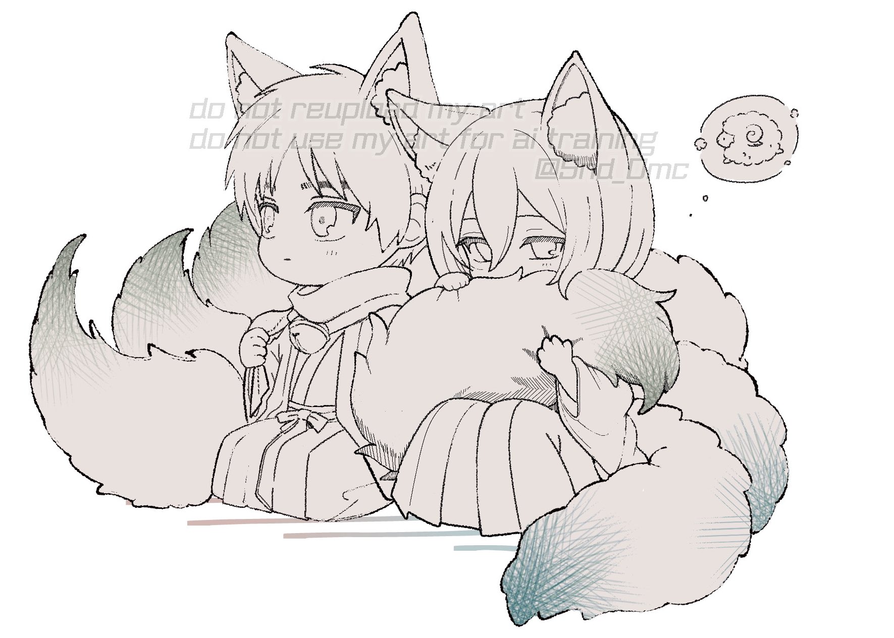 eren yeager, mikasa ackerman, shingeki no kyojin, highres, 1boy, 1girl, 5nd 0mc, animal ear fluff, animal ears, bell, chibi, chibi only, fox boy, fox ears, fox girl, fox tail, greyscale, hair between eyes, hakama, image in thought bubble, japanese clothes, kemonomimi mode, light blush, monochrome, multiple tails, neck bell, parted bangs, scarf, sheep, short hair, sitting, spiral horn, tail, twitter username, white background