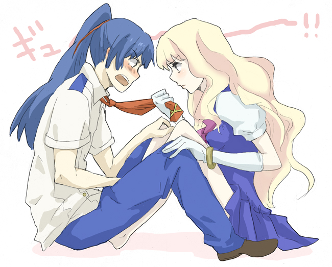 yoshi 92, saotome alto, sheryl nome, macross, macross frontier, bad id, bad pixiv id, 00s, 1boy, 1girl, blonde hair, blue hair, gloves, necktie, ponytail, school uniform, simple background, wavy hair