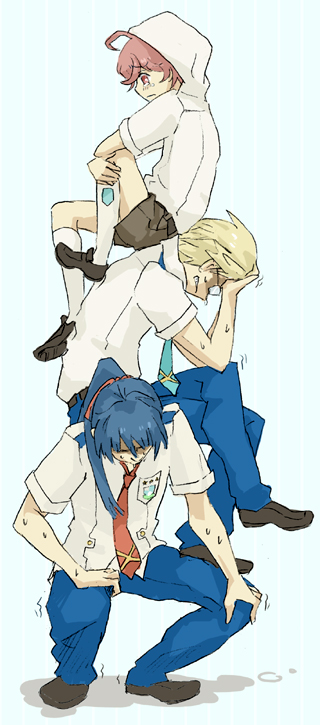 yoshi 92, luca angeloni, mikhail buran, saotome alto, macross, macross frontier, 00s, 3boys, blonde hair, blue hair, denim, dress shirt, full body, hood, hoodie, jeans, kneeling, long sleeves, male focus, multiple boys, pants, red hair, school uniform, shirt, short sleeves, simple background, white shirt
