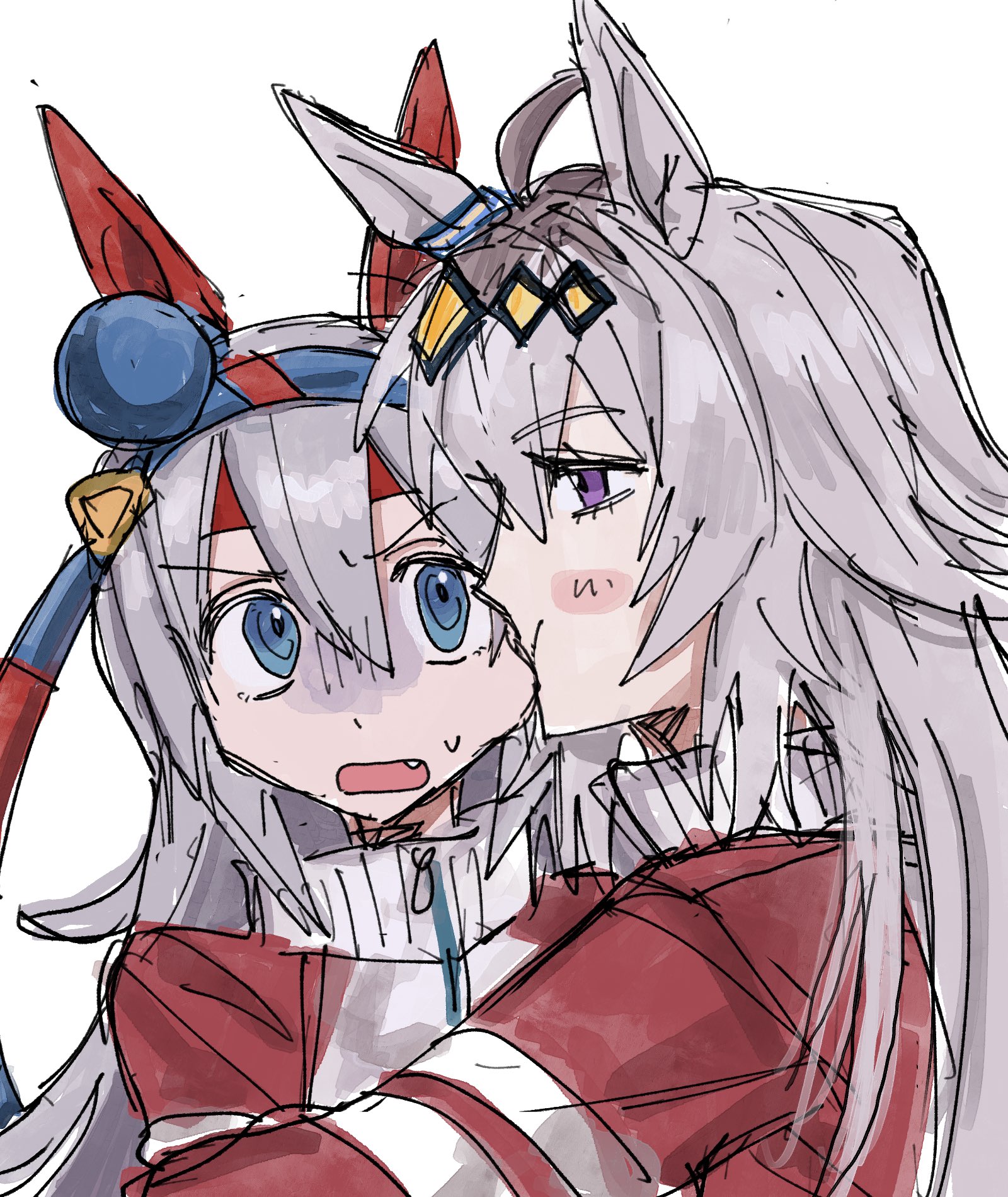 oguri cap (umamusume), tamamo cross (umamusume), umamusume, highres, 15 393, 2girls, ahoge, animal ears, biting, biting cheek, blue eyes, blush, bow, cheek pull, chewing, ear bow, ear covers, ear ornament, fang, gloom (expression), grey hair, hair between eyes, hairband, headband, horse ears, horse girl, horse tail, jacket, long hair, long sideburns, looking at another, multiple girls, open mouth, puffy cheeks, purple eyes, red jacket, red track suit, sideburns, tail, tracen training uniform, track jacket, track suit, upper body, white background, zipper