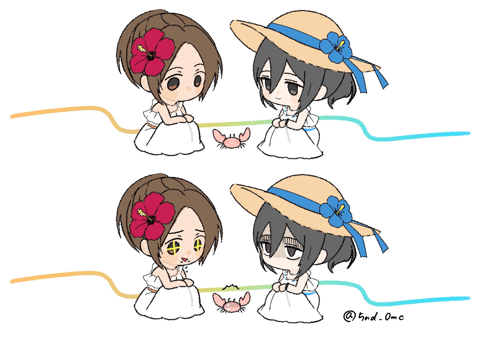 mikasa ackerman, sasha blouse, shingeki no kyojin, highres, 2girls, 5nd 0mc, bare shoulders, black hair, blue flower, blue ribbon, bracelet, brown eyes, brown hair, chibi, chibi only, closed mouth, crab, dress, drooling, flower, grey eyes, hair between eyes, hair flower, hair ornament, hat, hat ribbon, hibiscus, hugging own legs, hungry, jewelry, long dress, long hair, looking at another, mouth drool, multiple girls, nervous sweating, parted bangs, parted lips, ponytail, red flower, ribbon, shaded face, sitting, smile, sparkling eyes, sun hat, sweat, sweatdrop, twitter username, white background, white dress