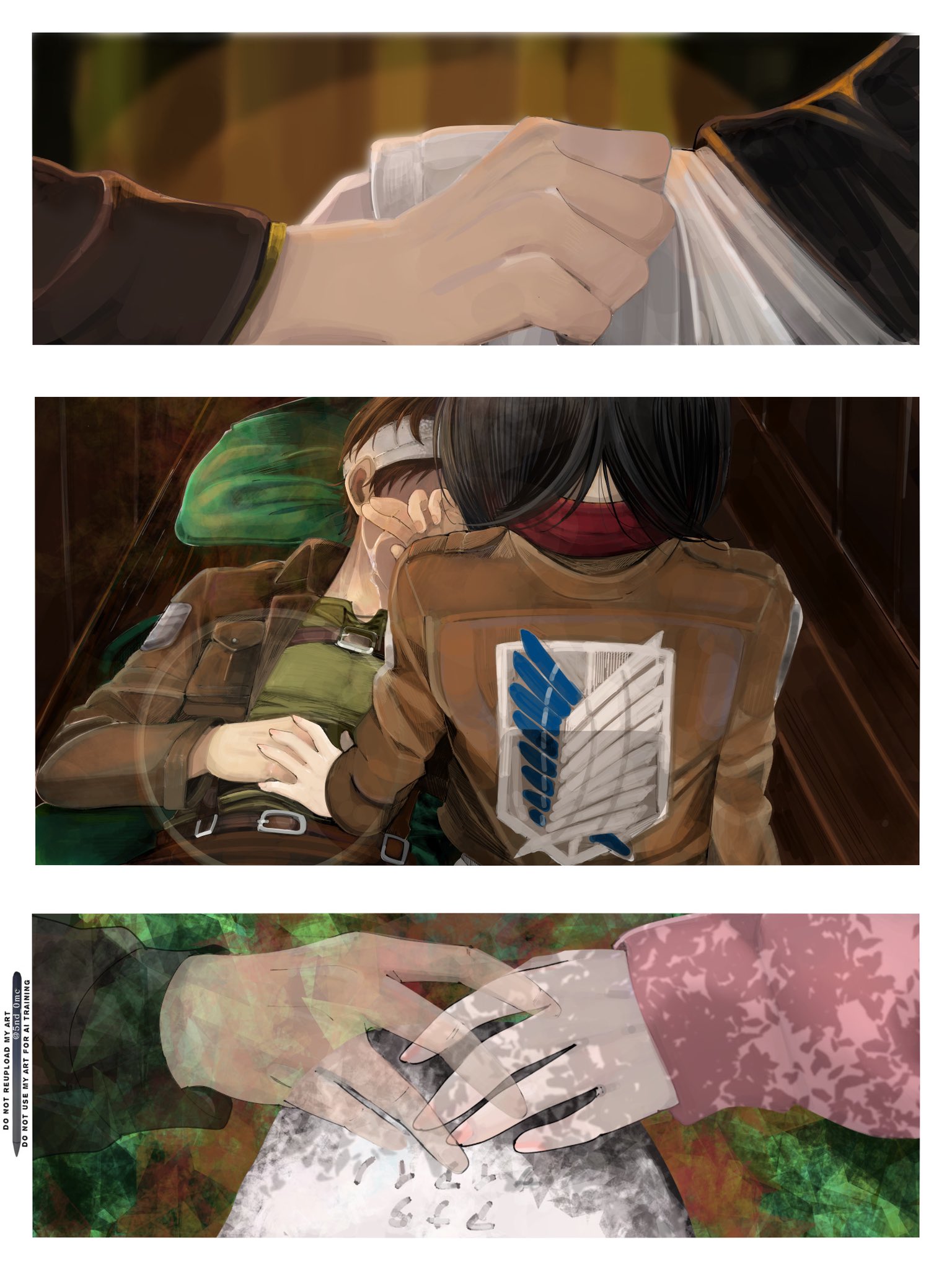 eren yeager, mikasa ackerman, shingeki no kyojin, highres, 1boy, 1girl, 5nd 0mc, bandaged head, bandages, black hair, border, brown hair, brown jacket, cardigan, couple, hetero, holding hands, jacket, long hair, military jacket, pillow, pink cardigan, red scarf, scarf, short hair, spirit, survey corps (emblem), transparent, upper body, white border