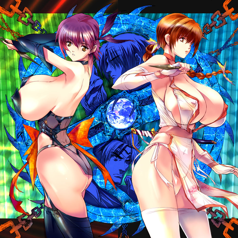 q azieru, ayane (doa), kasumi (doa), dead or alive, tecmo, black legwear, white legwear, 2girls, armpits, ass, braid, breasts, brown eyes, brown hair, bustier, chain, choker, cleavage, covered erect nipples, earth (planet), elbow gloves, fingerless gloves, fringe trim, garter straps, gloves, hair ornament, headband, highleg, highleg panties, huge breasts, kunai, long hair, looking at viewer, multiple girls, ninja, no bra, panties, pelvic curtain, planet, purple hair, revealing clothes, short hair, siblings, side-tie panties, sideboob, sisters, thighhighs, underboob, underwear, weapon, white panties, yellow eyes
