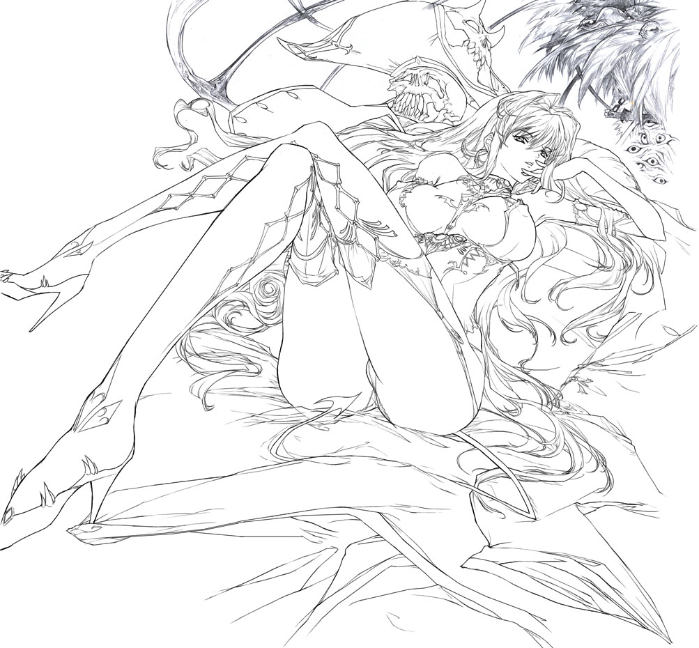q azieru, 1girl, armpits, ass, boots, breasts, covered erect nipples, crossed legs, female focus, garter belt, garter straps, greyscale, hat, high heels, large breasts, legs, long hair, looking at viewer, monochrome, open mouth, panties, pirate hat, revealing clothes, shoes, simple background, skull, solo, tail, thigh boots, thighhighs, underwear, very long hair, white background