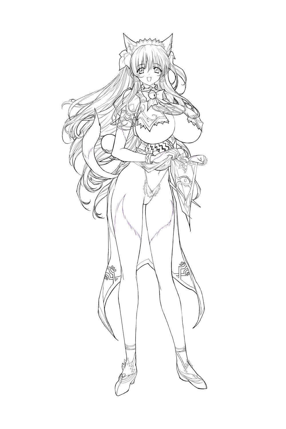 q azieru, highres, 1girl, animal ears, bow, breasts, cat ears, cat tail, clothes lift, dress, dress lift, female focus, flower, food, fruit, greyscale, huge breasts, lace, legs, long hair, looking at viewer, monochrome, open mouth, panties, simple background, skirt, skirt lift, smile, solo, standing, tail, thighhighs, underboob, underwear, upskirt, very long hair, watermelon, white background