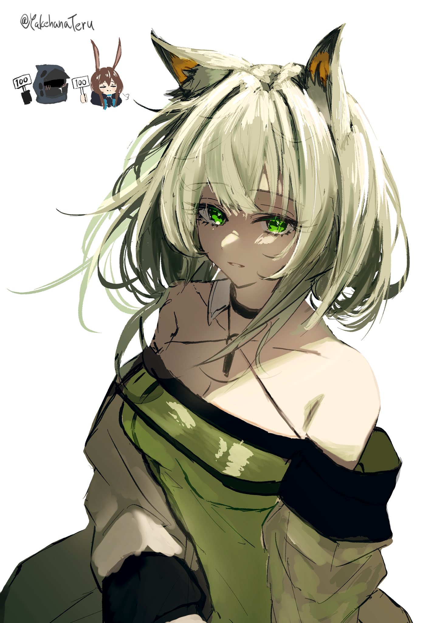 yakehanateru, amiya (arknights), doctor (arknights), kal'tsit (arknights), arknights, commentary request, highres, 1girl, bare shoulders, breasts, chibi, chibi inset, cleavage, dress, green dress, green eyes, green hair, halterneck, holding, light smile, long sleeves, looking at viewer, medium breasts, off shoulder, parted lips, puff of air, scorecard, simple background, sketch, solo, twitter username, white background