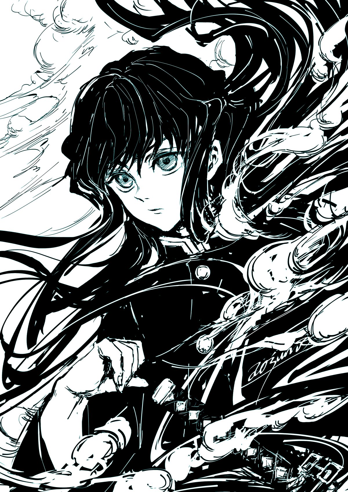 aosuna, tokitou muichirou, kimetsu no yaiba, highres, 1boy, aqua eyes, artist name, black hair, black jacket, buttons, closed mouth, demon slayer uniform, hair between eyes, jacket, katana, long hair, male focus, sidelocks, sketch, solo, sword, upper body, weapon