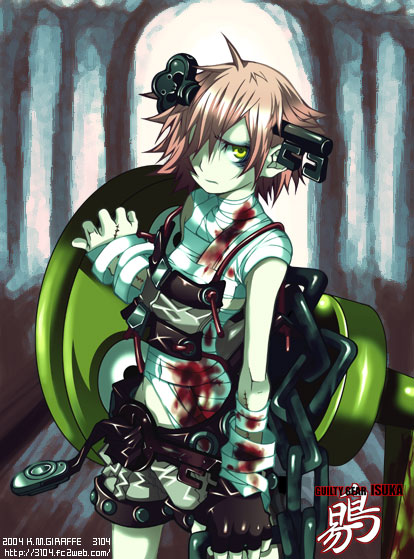 konohana m giraffe, a.b.a, paracelsus (guilty gear), arc system works, guilty gear, homunculus, 1girl, bandages, belt, blood, crazy eyes, female focus, fingerless gloves, gloves, green eyes, hair over one eye, key, key in head, object through head, red hair, short hair, solo, watermark, web address