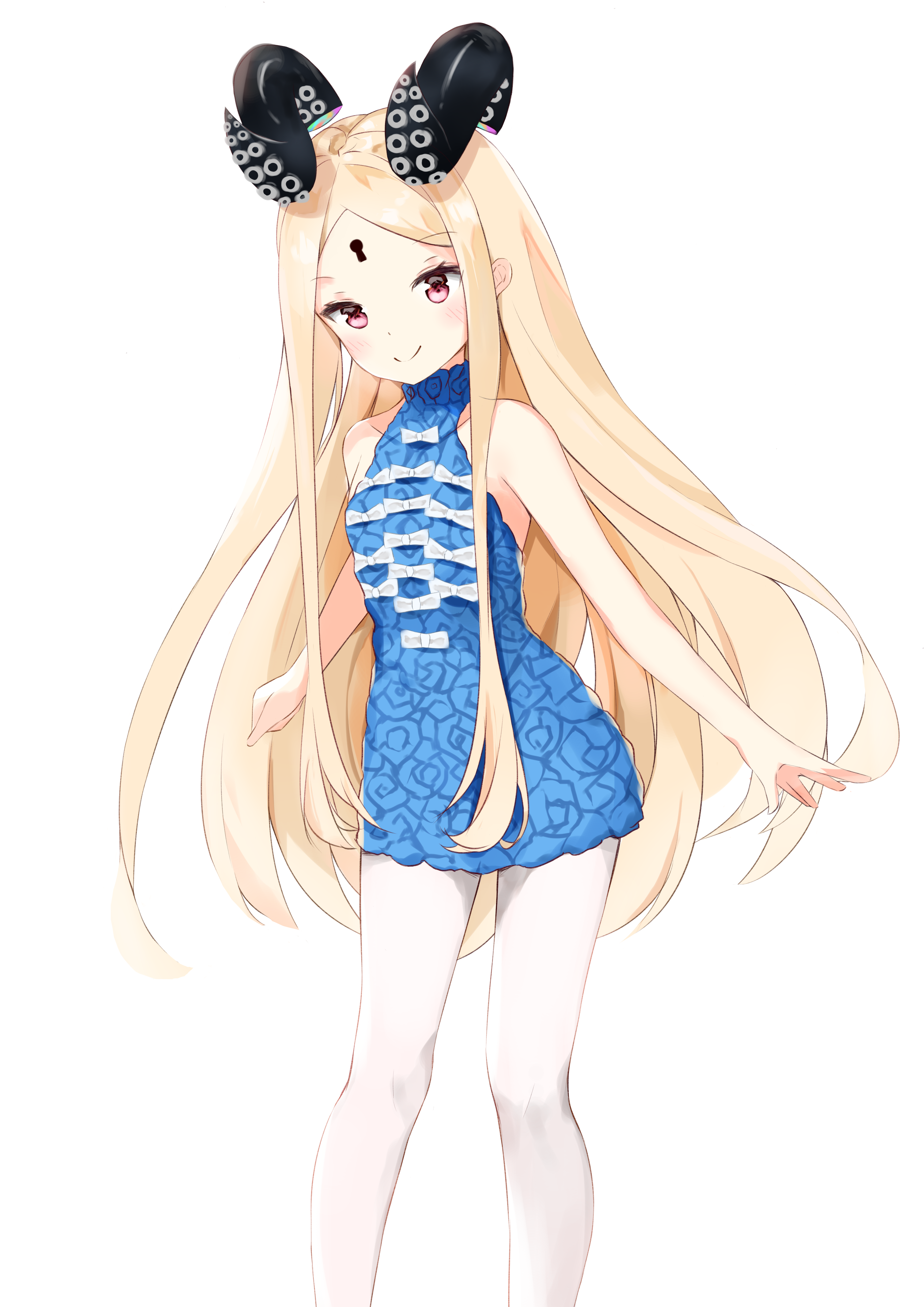 yukaa, abigail williams (celebratory attire) (fate), abigail williams (fate), fate/grand order, fate (series), absurdres, commentary request, highres, 1girl, bare arms, bare shoulders, blonde hair, blue dress, blush, bow, closed mouth, collarbone, dress, feet up, keyhole, long hair, looking at viewer, pantyhose, parted bangs, red eyes, simple background, sleeveless, sleeveless dress, smile, solo, standing, suction cups, tentacles, very long hair, white background, white bow, white pantyhose