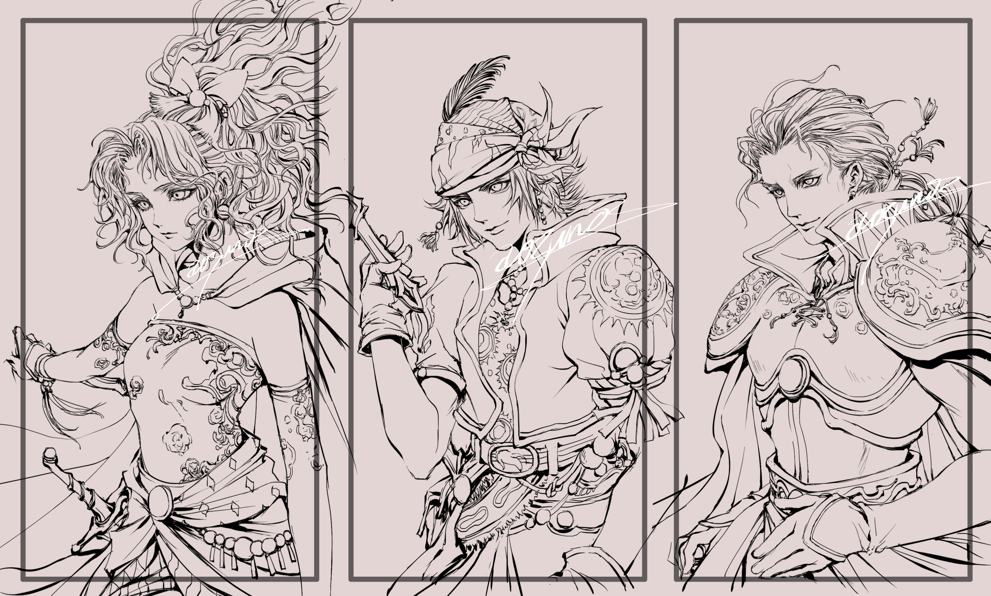 aosuna, edgar roni figaro, locke cole, tina branford, final fantasy, final fantasy vi, highres, 1girl, 2boys, armor, artist name, bare shoulders, bead necklace, beads, bow, breasts, cape, closed mouth, cropped jacket, detached sleeves, dress, earrings, feather hair ornament, feathers, gloves, hair bow, hair ornament, headscarf, holding, holding sword, holding weapon, jewelry, lineart, long hair, low ponytail, medium breasts, multi-tied hair, multiple boys, necklace, parted bangs, pauldrons, ponytail, popped collar, portrait, print shirt, sash, shirt, short hair, shoulder armor, sign, smile, strapless, strapless dress, sword, tube dress, upper body, waist sash, weapon