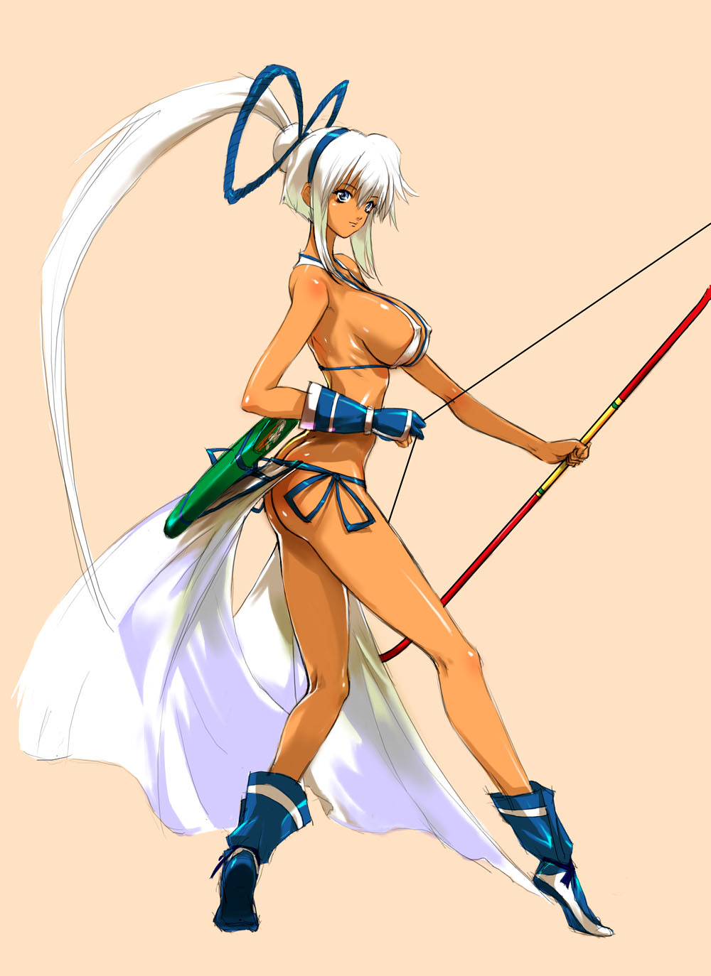 q azieru, majikina mina, samurai spirits, snk, highres, 1girl, archery, ass, bare shoulders, bikini, blue eyes, boots, bow, bow (weapon), breasts, butt crack, covered erect nipples, dark-skinned female, dark skin, female focus, fingerless gloves, gloves, hairband, huge breasts, large breasts, long hair, looking at viewer, micro bikini, narrow waist, no panties, ponytail, revealing clothes, ribbon, shiny skin, sideboob, simple background, single glove, skinny, solo, swimsuit, tiptoes, very long hair, weapon, white hair