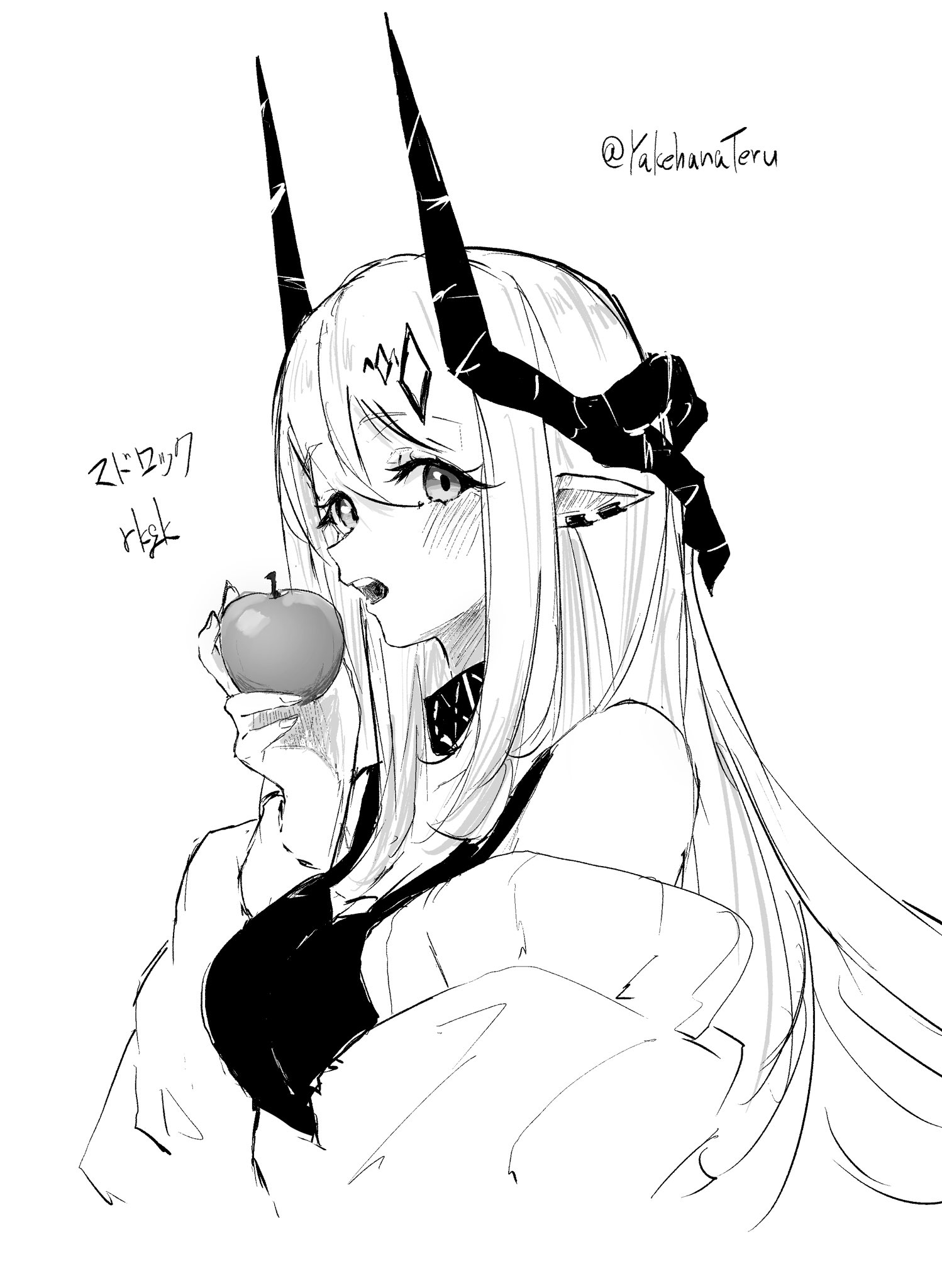 yakehanateru, infection monitor (arknights), mudrock (arknights), mudrock (elite ii) (arknights), arknights, commentary, highres, 1girl, apple, bare shoulders, blush, character name, cropped torso, food, fruit, greyscale, hair between eyes, hatching (texture), holding, holding food, holding fruit, horns, linear hatching, long hair, looking at viewer, monochrome, off shoulder, open mouth, pointy ears, profile, simple background, sketch, solo, teeth, twitter username, upper teeth only, white background