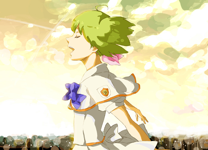 yoshi 92, ranka lee, macross, macross frontier, 00s, 1girl, ahoge, closed eyes, cloud, female focus, green hair, music, outdoors, school uniform, serafuku, short hair, singing, sky, solo, standing