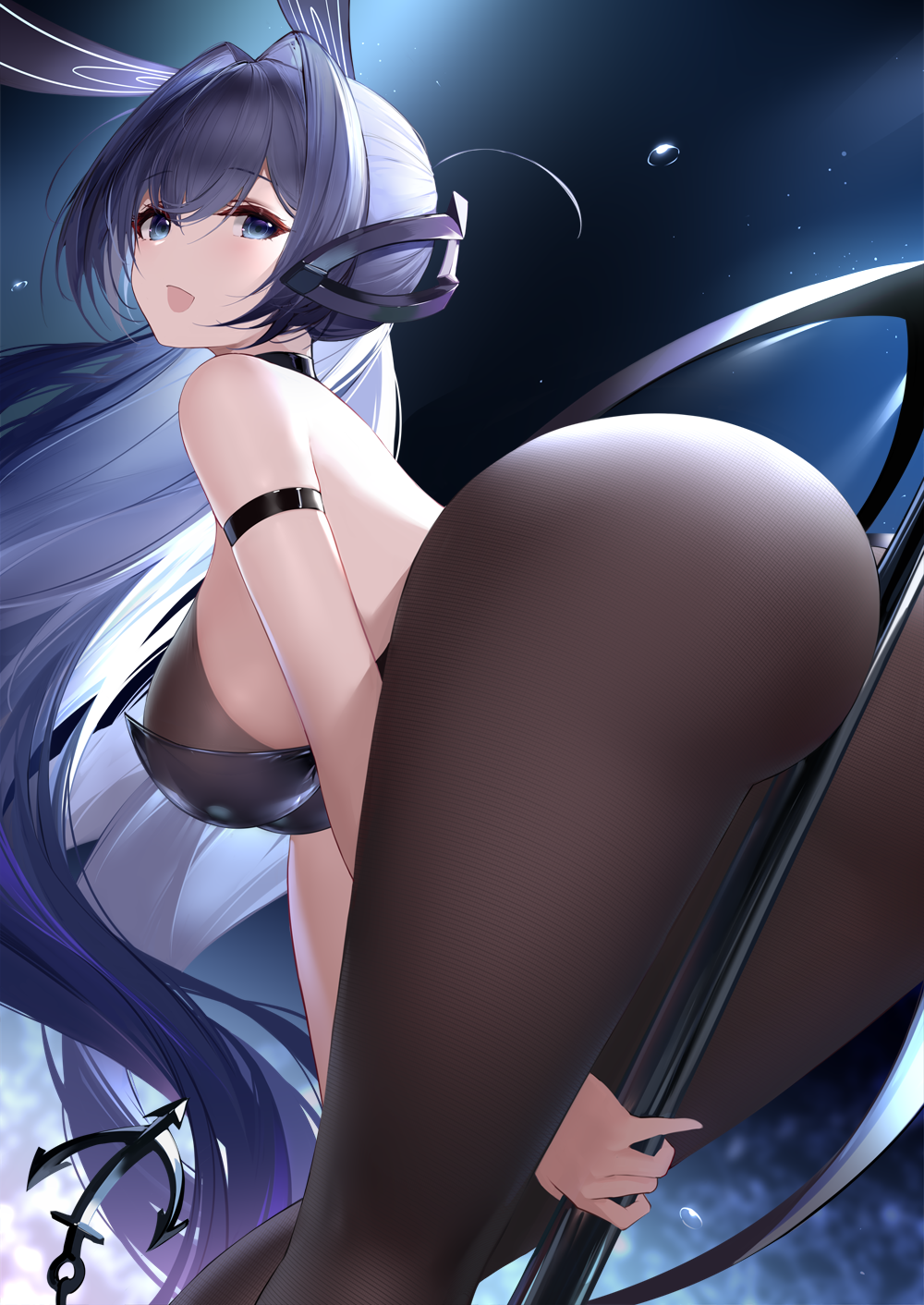 an yasuri, new jersey (azur lane), new jersey (exhilarating steps!) (azur lane), azur lane, highres, 1girl, animal ears, ass, bare shoulders, between buttocks, blue eyes, blue hair, breasts, brown pantyhose, hair intakes, large breasts, long hair, looking at viewer, official alternate costume, open mouth, pantyhose, pole, rabbit ears, stripper pole, thighs, very long hair