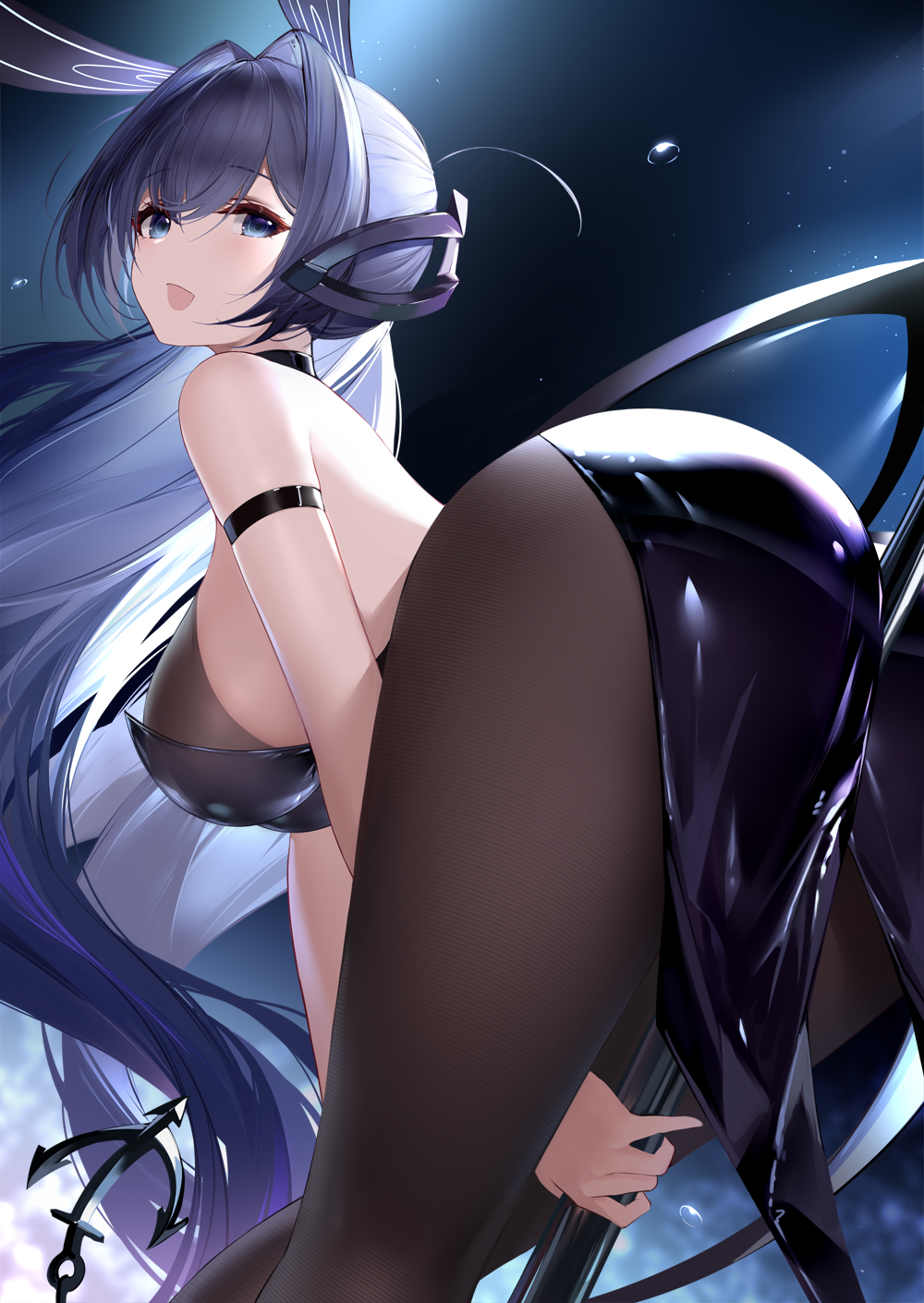 an yasuri, new jersey (azur lane), new jersey (exhilarating steps!) (azur lane), azur lane, highres, 1girl, animal ears, ass, bare shoulders, between buttocks, blue eyes, blue hair, breasts, brown pantyhose, hair intakes, large breasts, long hair, looking at viewer, official alternate costume, open mouth, pantyhose, pole, rabbit ears, stripper pole, thighs, very long hair