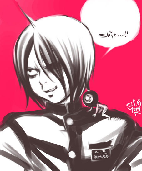 yonekura kengo, kitarou, medama oyaji, gegege no kitarou, toei company, 1boy, all fours, buttons, crazy eyes, creature, emblem, english text, evil smile, hair over one eye, male focus, military, military uniform, monochrome, profanity, red background, simple background, smile, solo, upper body