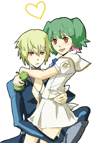 yoshi 92, brera sterne, ranka lee, macross, macross frontier, bad id, bad pixiv id, 00s, 1boy, 1girl, blonde hair, brother and sister, couple, green hair, hetero, holding, incest, orange eyes, school uniform, serafuku, short hair, siblings, skirt