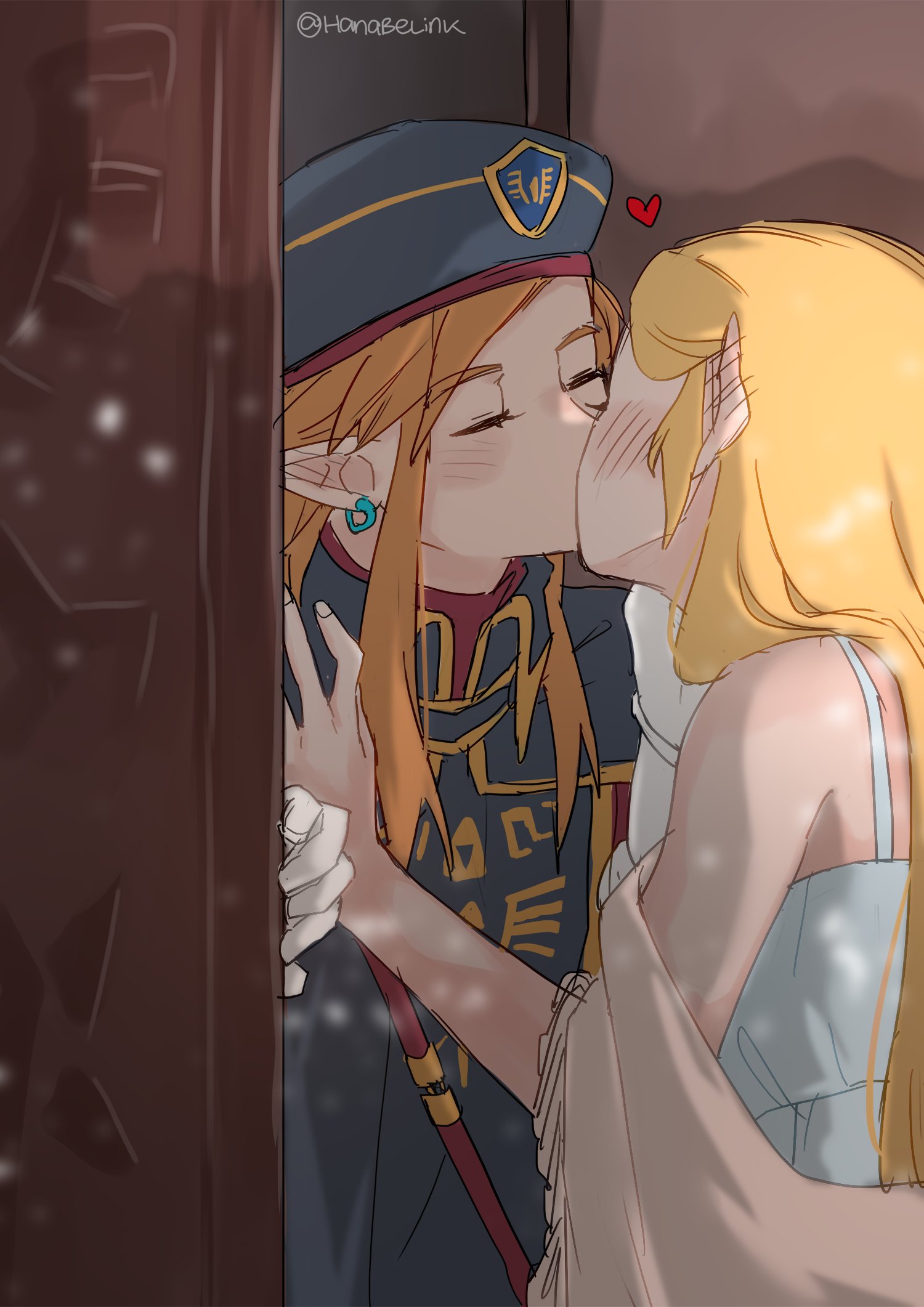 hanaberin, link, princess zelda, nintendo, the legend of zelda, the legend of zelda: tears of the kingdom, highres, 1boy, 1girl, bare shoulders, beret, blonde hair, blush, couple, dress, ear blush, earrings, gloves, hand on another's cheek, hand on another's face, hat, heart, jewelry, kiss, long hair, no eyes, pointy ears, royal guard set (zelda), shawl, triforce, triforce print, twitter username, upper body, white gloves, wooden door