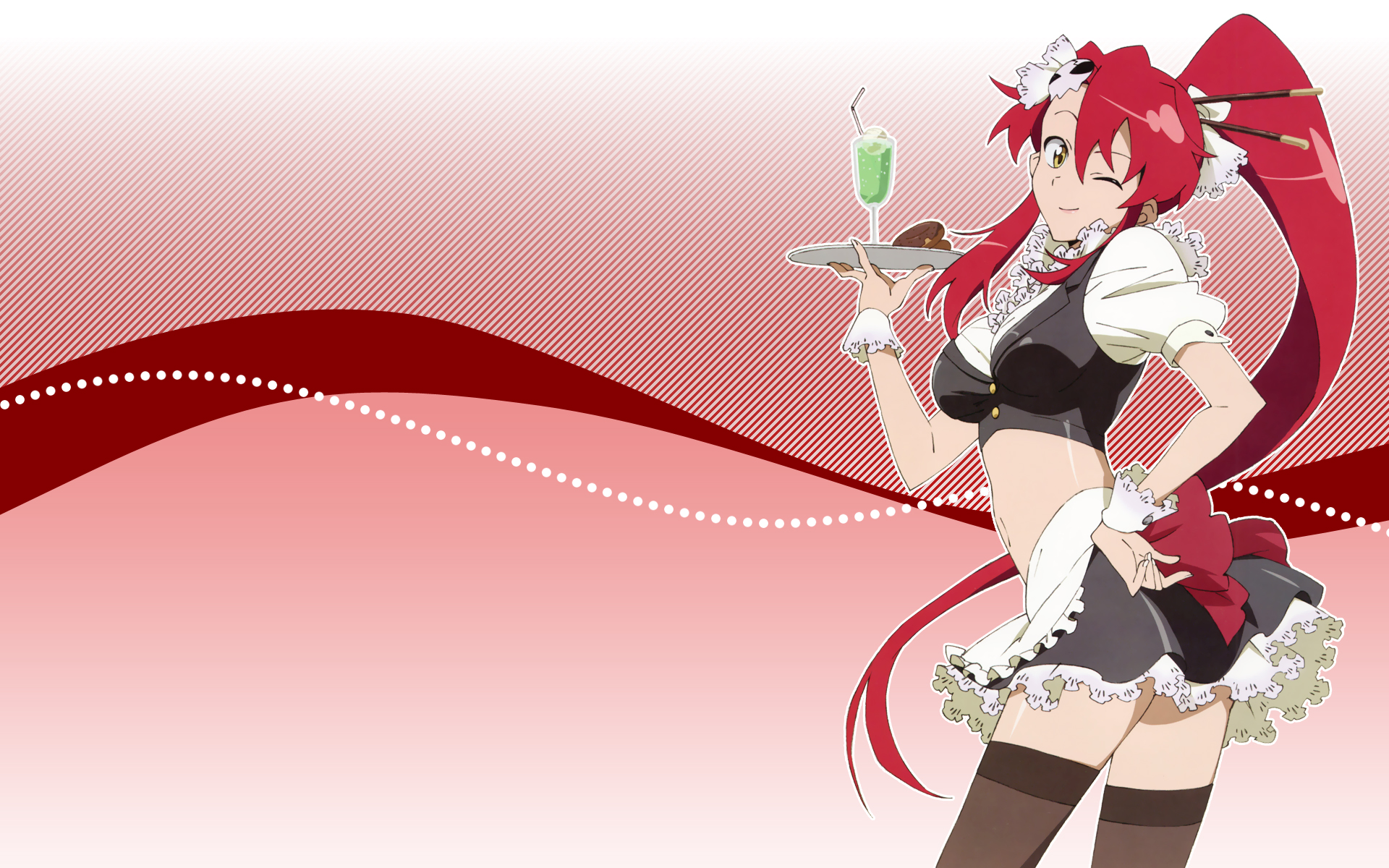 yoko littner, pieces of sweet stars, tengen toppa gurren lagann, highres, 00s, blouse, brown thighhighs, cup, drinking glass, hand on own hip, high ponytail, long hair, maid, midriff, miniskirt, one eye closed, ponytail, red hair, shirt, skirt, solo, standing, thighhighs, very long hair, waitress, white shirt, wink