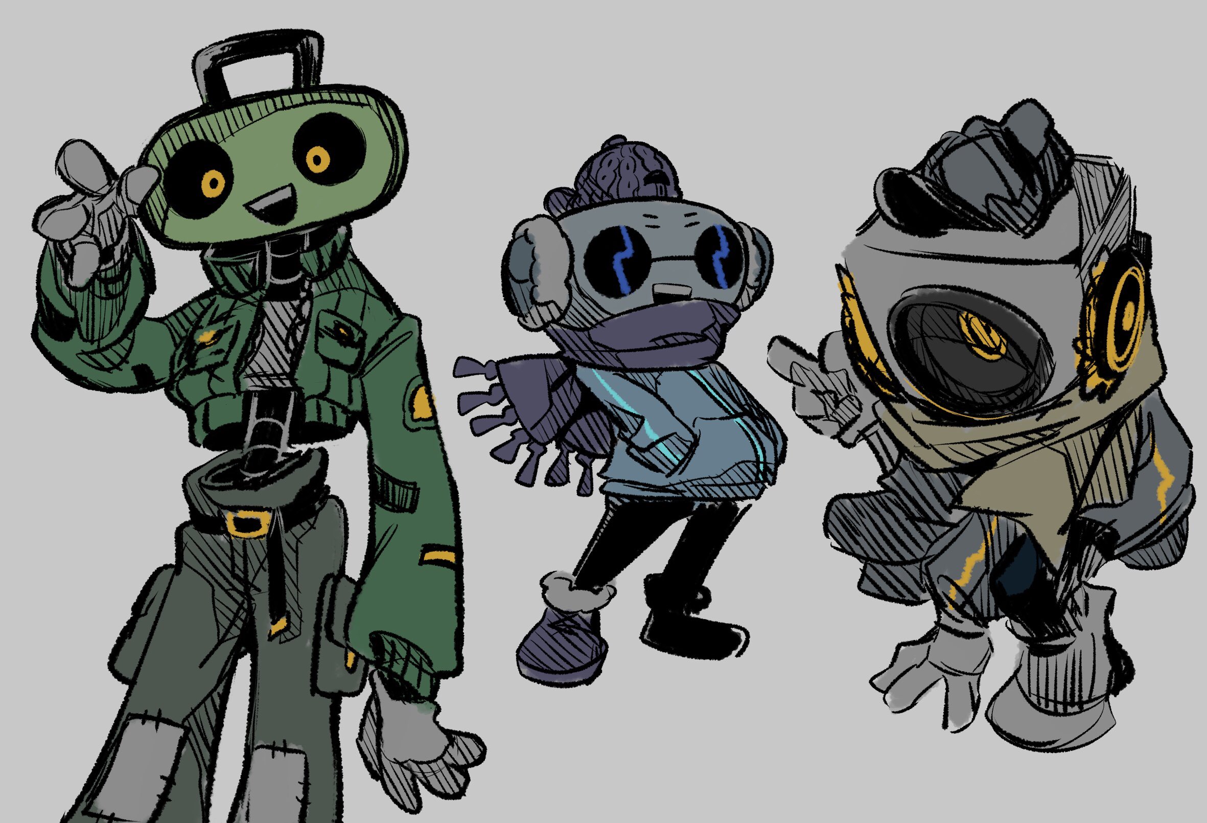 g c hori, cap'n (deltarune), k k (deltarune), sweet (deltarune), deltarune, utdr (toby fox), highres, 3boys, :d, adapted costume, ankle boots, arm between legs, arm support, backwards hat, belt, black belt, black mouth, black pants, black sclera, blue hoodie, boots, cassette player, cd player, colored sclera, feet out of frame, fewer digits, full body, fur-trimmed boots, fur trim, gloves, green jacket, grey background, grey gloves, grey hat, grey pants, grey shirt, hands in pockets, hat, hatching (texture), hood, hoodie, humanoid robot, jacket, looking at viewer, male focus, multiple boys, object head, open clothes, open jacket, open mouth, pants, pocket, puffy pants, purple boots, purple hat, purple scarf, robot, scarf, shirt, simple background, smile, speaker, squatting, standing, sunglasses, teeth, upper teeth only, yellow eyes