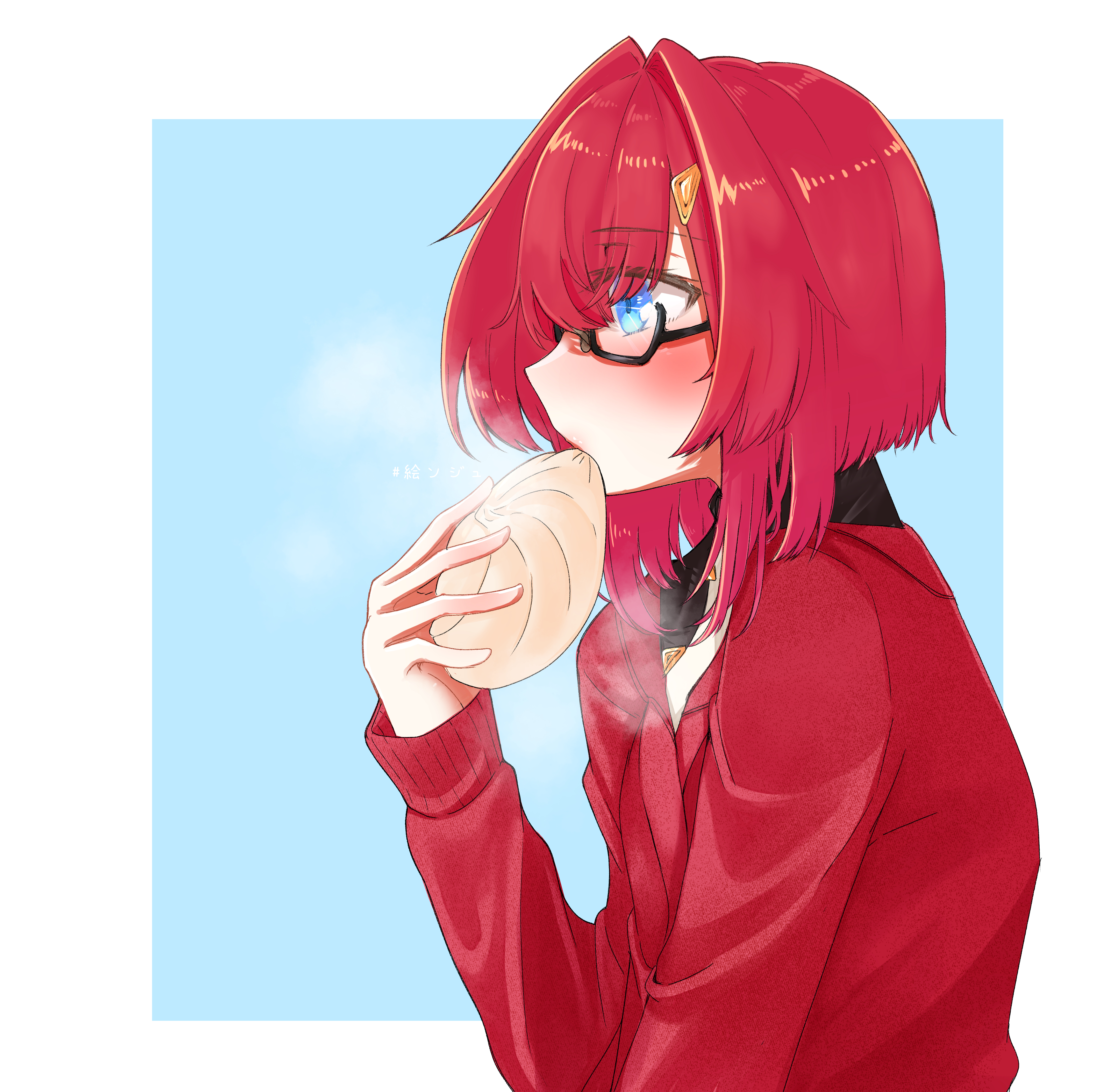 ange katrina, ange katrina (1st costume), nijisanji, absurdres, commentary request, highres, translation request, 1girl, black-framed eyewear, blue background, blue eyes, blush, border, cardigan, eating, food, from side, glasses, hair intakes, hair ornament, hand up, hashtag, holding, holding food, long sleeves, looking ahead, outside border, pokkii (orikaden01), profile, red cardigan, red hair, semi-rimless eyewear, short hair with long locks, simple background, solo, steamed bun, steaming food, triangle hair ornament, upper body, virtual youtuber, white border