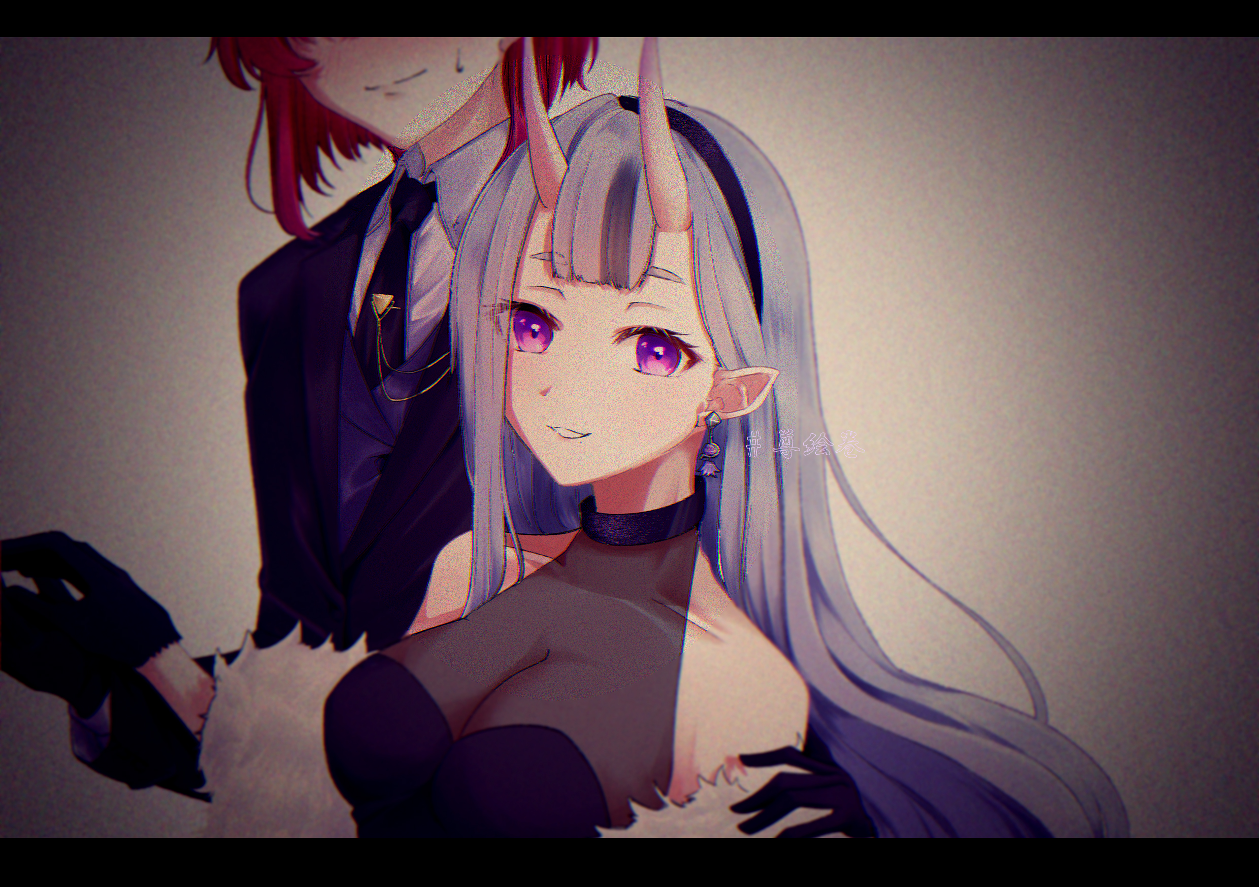 ange katrina, rindou mikoto, rindou mikoto (4th costume), nijisanji, commentary request, highres, 2girls, alternate costume, arm around shoulder, bare shoulders, black dress, black gloves, black hairband, black jacket, black necktie, breasts, center-flap bangs, cleavage, closed mouth, collarbone, collared shirt, crossdressing, crossdressing (ftm), dress, earrings, eyelashes, eyes out of frame, feather boa, film grain, gloves, grey background, grey hair, grin, hairband, halter dress, halterneck, hand up, hands up, hashtag, head out of frame, heavy film grain, holding hands, horns, jacket, jewelry, letterboxed, long hair, looking at viewer, medium breasts, mole, mole under mouth, multicolored hair, multiple girls, necktie, pointy ears, pokkii (orikaden01), purple eyes, purple hair, red hair, see-through cleavage, see-through clothes, shirt, short eyebrows, short hair, skin-covered horns, smile, streaked hair, suit jacket, sweatdrop, two-tone hair, upper body, vest, virtual youtuber, waistcoat, white shirt