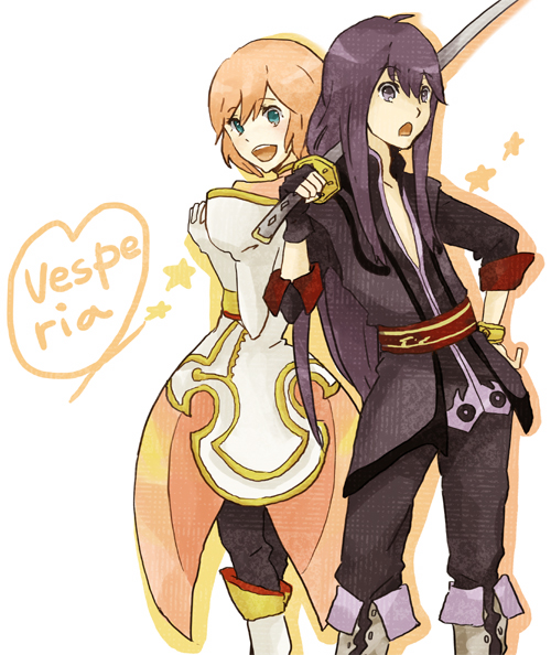yoshi 92, estellise sidos heurassein, yuri lowell, tales of (series), tales of vesperia, bad id, bad pixiv id, 00s, 1boy, 1girl, blue eyes, boots, copyright name, gloves, heart, heart of string, knee boots, long hair, over shoulder, pink hair, short hair, sword, sword over shoulder, weapon, weapon over shoulder