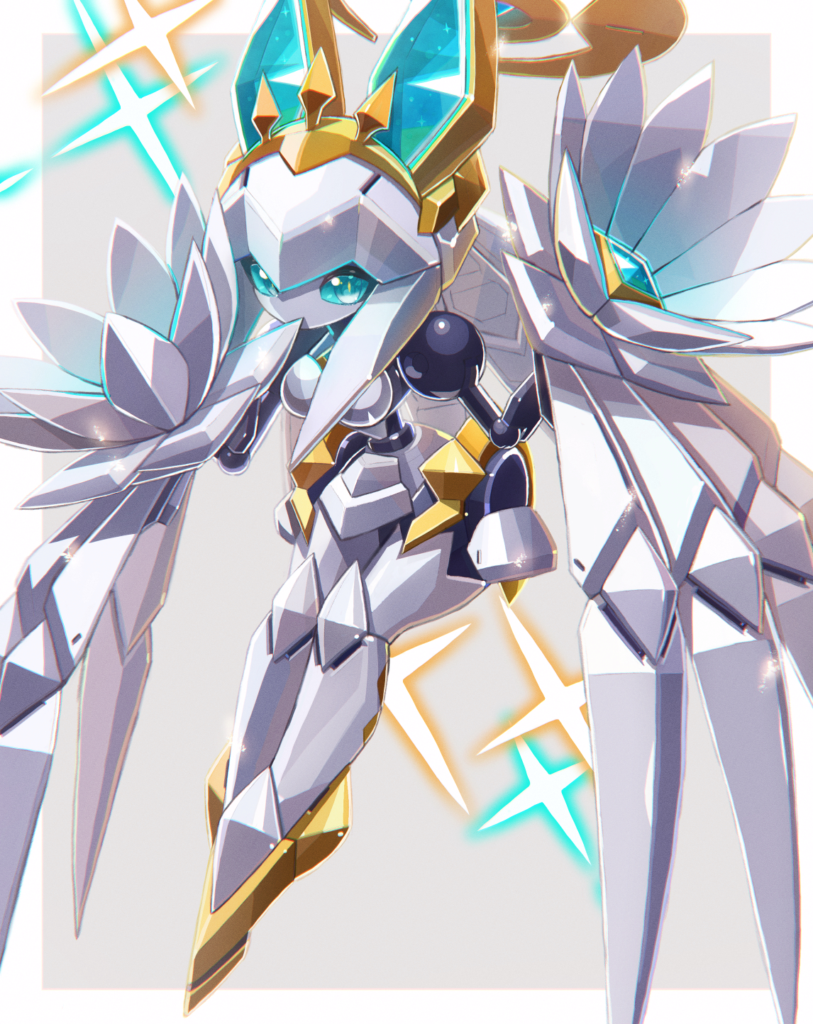yoyoyoyoyo (turuse), medarot, original, highres, 1girl, blue eyes, blue gemstone, breasts, expressionless, floating, full body, gem, grey background, halo, humanoid robot, joints, leaning forward, looking at viewer, mechanical halo, mechanical wings, medium breasts, narrow waist, no mouth, no nose, robot, robot girl, robot joints, sideways glance, solo, sparkle, wide hips, winged arms, wings