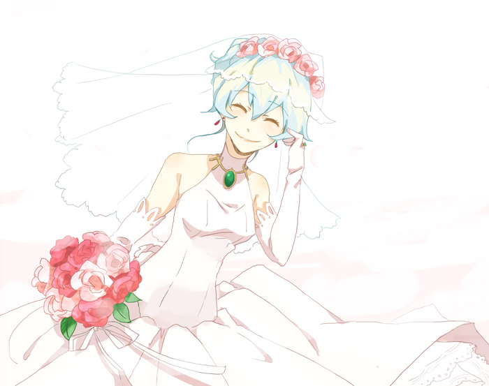 yoshi 92, nia teppelin, tengen toppa gurren lagann, bad id, bad pixiv id, 00s, blue hair, bouquet, bridal veil, bride, dress, earrings, flower, gloves, happy, jewelry, ring, smile, solo, veil, wedding dress, wedding ring