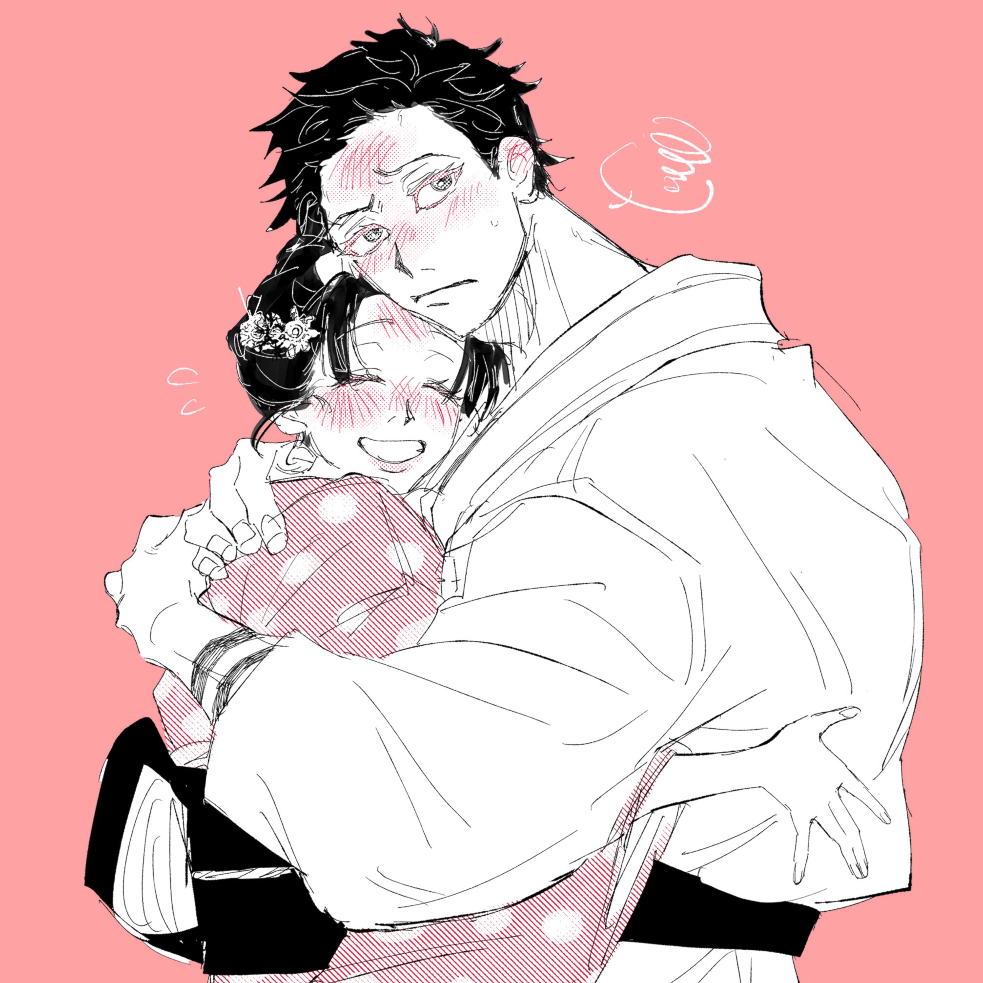 nabeoishi 705, hakuji (kimetsu no yaiba), koyuki (kimetsu no yaiba), kimetsu no yaiba, highres, 1boy, 1girl, black hair, blush, couple, ear blush, forehead blush, furrowed brow, grin, hetero, hug, japanese clothes, kimono, parted bangs, pink background, polka dot, polka dot kimono, short hair, smile, spoken squiggle, squiggle, sweatdrop, teeth, updo, upper body