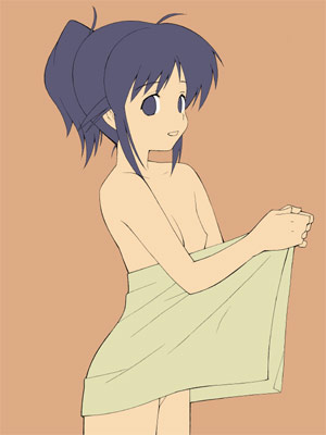 kizaki, andou mahoro, mahoromatic, lowres, 1girl, breasts, female focus, flat chest, flat color, nipples, nude, small breasts, solo, towel
