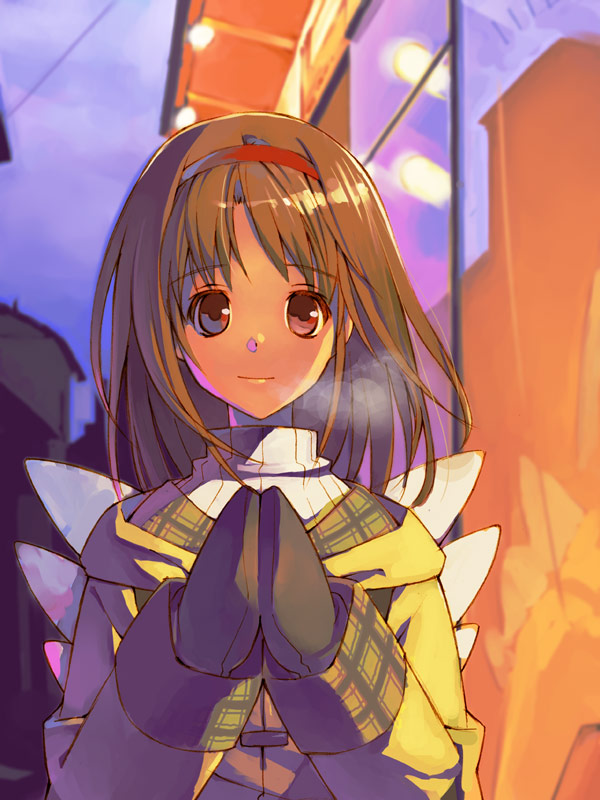 kizaki, tsukimiya ayu, kanon, light, 1girl, black gloves, breath, brown hair, building, cloak, female focus, gloves, lamp, looking at viewer, mittens, outdoors, own hands together, short hair, smile, solo, sweater, turtleneck, upper body