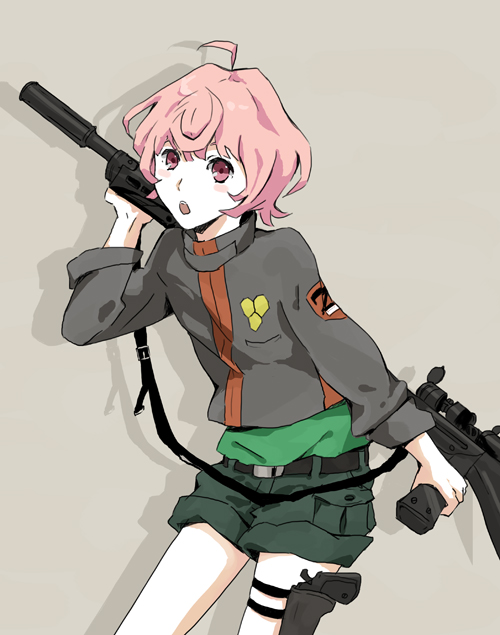 yoshi 92, luca angeloni, macross, macross frontier, bad id, bad pixiv id, 00s, 1boy, ahoge, gun, male focus, pink eyes, pink hair, rifle, shorts, simple background, solo, weapon