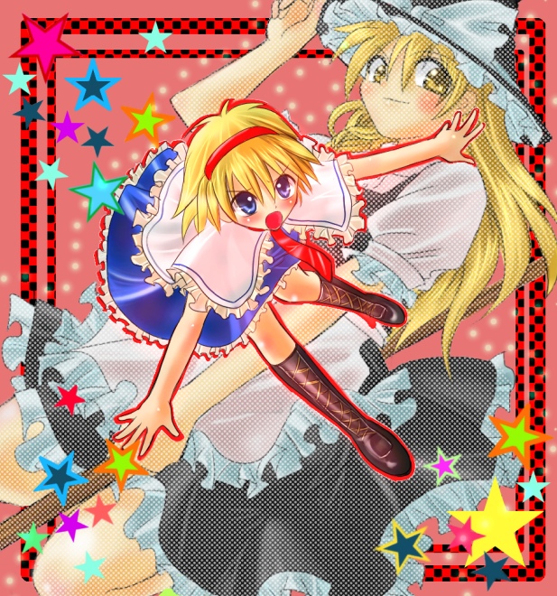 nagare, alice margatroid, kirisame marisa, touhou, 2girls, blonde hair, female focus, hat, long hair, multiple girls, ribbon, short hair