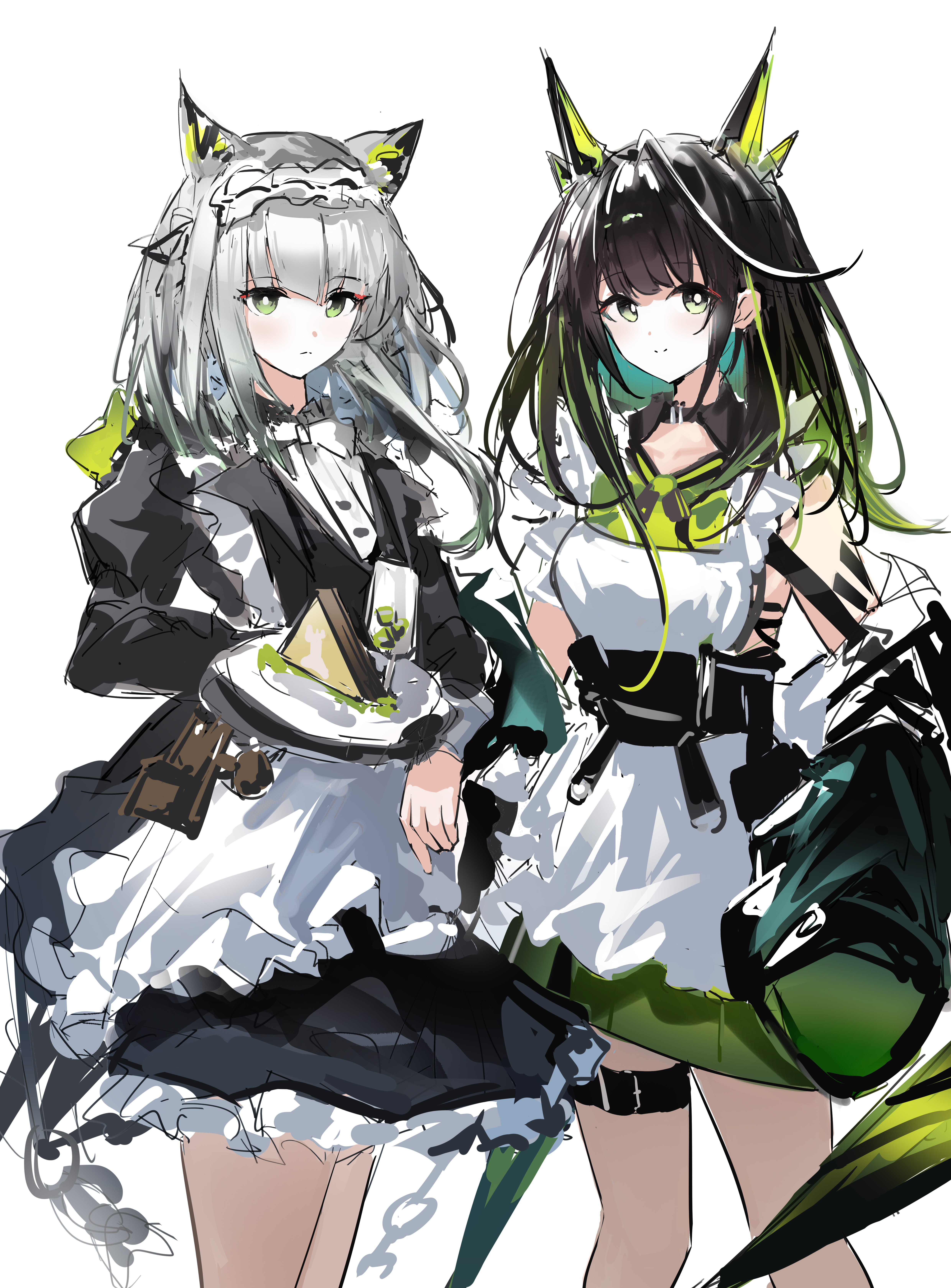 laoshi wo hao e, kal'tsit (arknights), kal'tsit (the remains of time) (arknights), mon3tr (arknights), arknights, bilibili, absurdres, highres, 2girls, ahoge, alternate costume, animal ears, apron, aqua hair, belt, black collar, black dress, black eyes, black hair, bow, breasts, bright pupils, cat ears, cat girl, clothes down, cocktail glass, collar, collarbone, colored inner hair, cup, detached collar, dot nose, dress, drinking glass, fake animal ears, food, frilled dress, frills, green dress, green eyes, green jacket, green streaks, grey hair, holding, holding tray, huge ahoge, jacket, light frown, long hair, long sleeves, maid apron, maid headdress, medium breasts, multicolored eyes, multicolored hair, multiple girls, official alternate costume, sandwich, simple background, sleeves past fingers, sleeves past wrists, split mouth, thigh belt, thigh strap, tray, two-tone eyes, white apron, white bow, white headdress, white pupils
