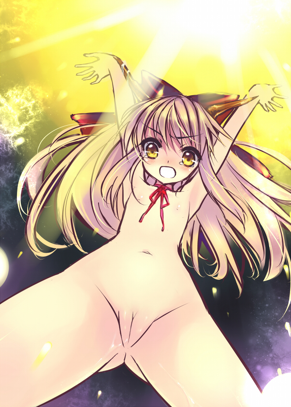 panbai, ibuki suika, touhou, 1girl, armpits, blonde hair, breasts, cleft of venus, female focus, flat chest, horns, loli, long hair, nipples, pussy, ribbon, small breasts, solo, tears, uncensored, wet