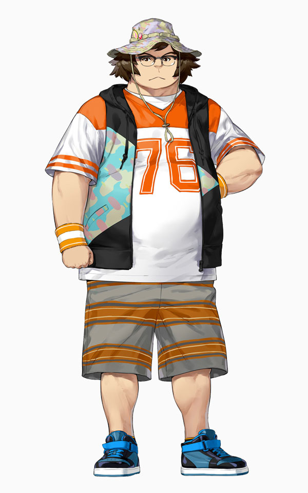fukuda tomonori, hashida itaru, robotics;notes, robotics;notes dash, science adventure, game cg, official art, 1boy, black vest, blue shoes, brown hair, fat, fat man, glasses, grey shorts, hat, hood, hooded vest, hoodie, male focus, orange shirt, orange shorts, shirt, shoelaces, shoes, shorts, sitting, sleeveless vest, sneakers, solo, standing, striped clothes, striped shirt, striped shorts, t-shirt, v-shaped eyebrows, vest, white shirt, wristband