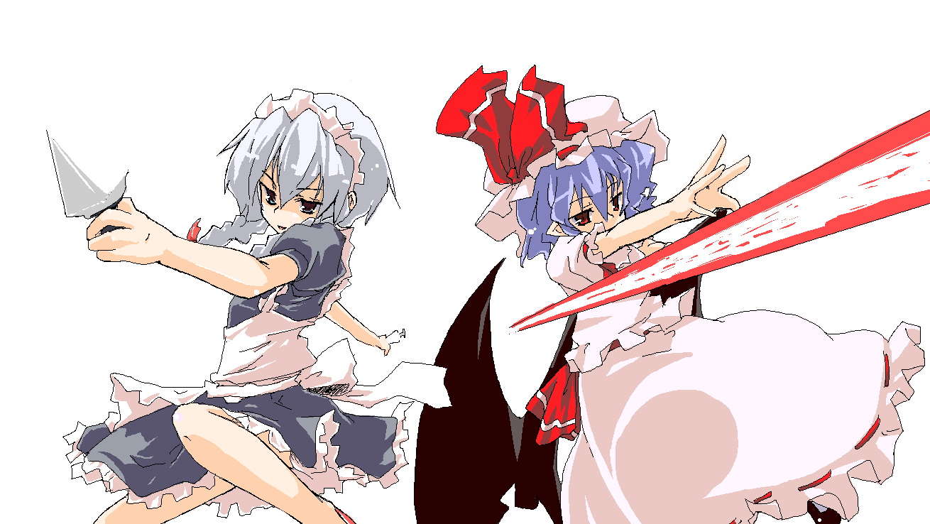 sasurai, izayoi sakuya, remilia scarlet, touhou, silver hair, 2girls, blue hair, female focus, hat, knife, maid, multiple girls, polearm, ribbon, short hair, spear, spear the gungnir, throwing knife, weapon, white background, wings