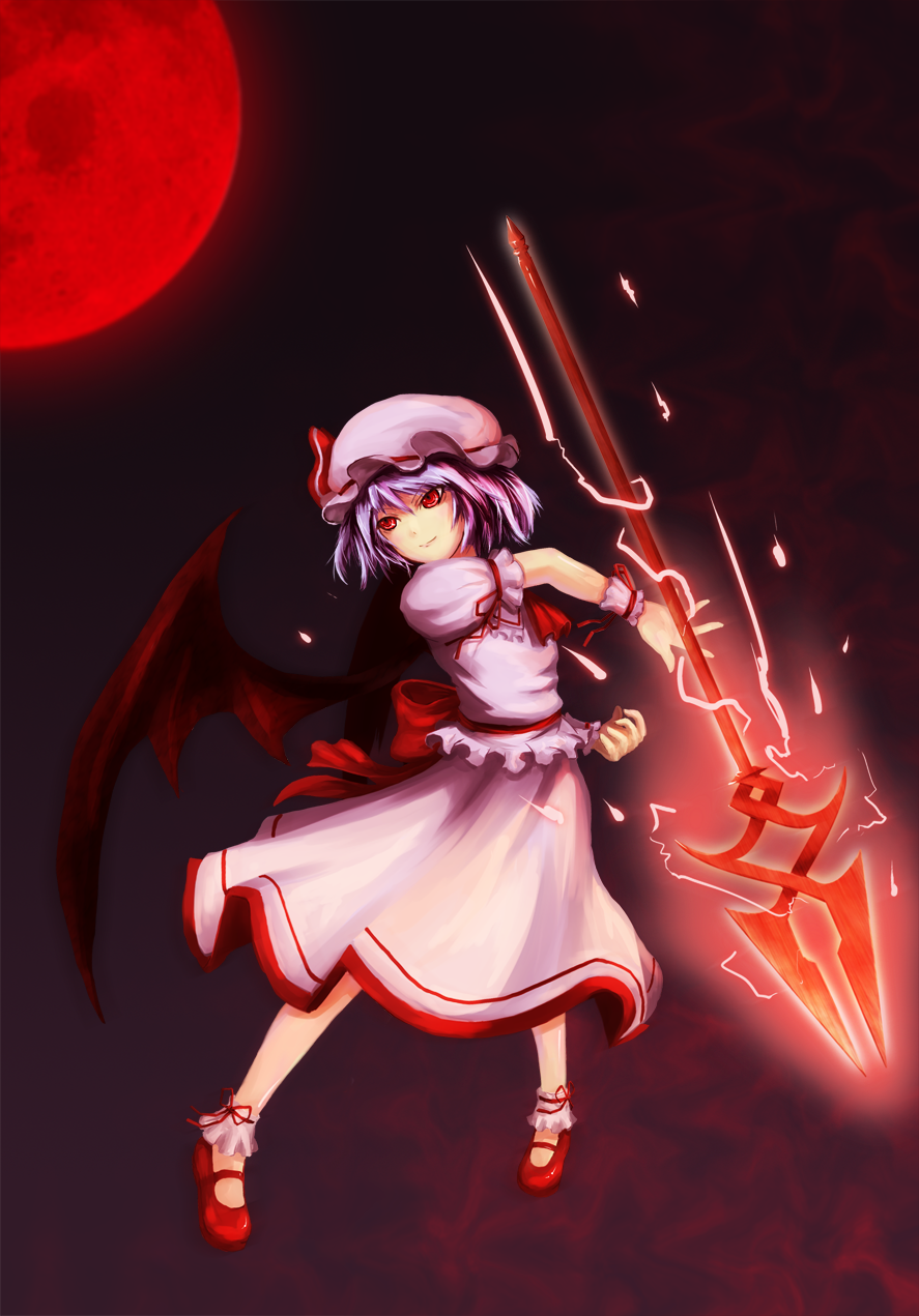 crost, kurosuto, remilia scarlet, touhou, bad id, bad pixiv id, highres, 1girl, blue hair, female focus, full body, gradient background, hat, outdoors, polearm, ribbon, short hair, skirt, sky, solo, spear, spear the gungnir, weapon, wings