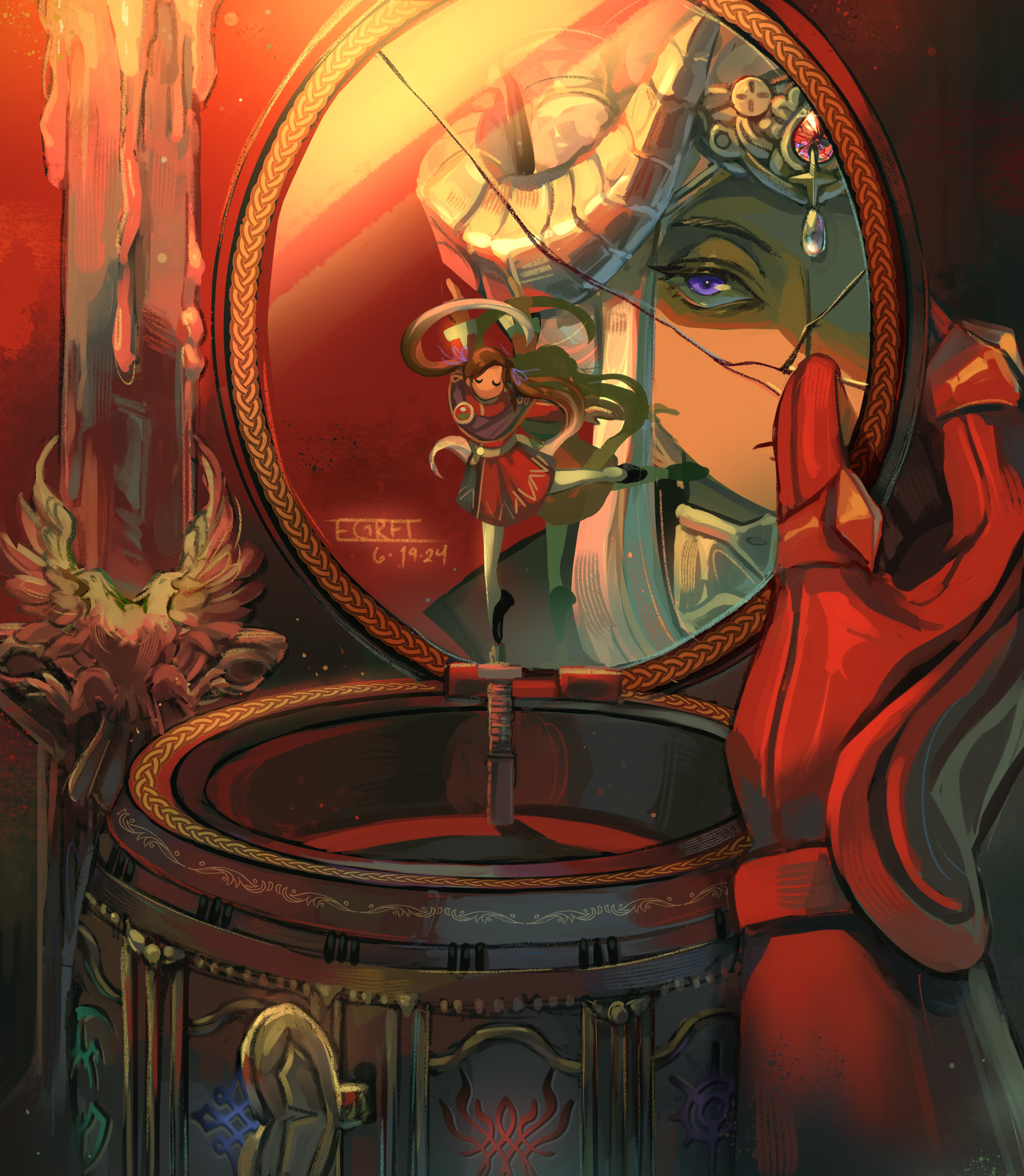 edelgard von hresvelg, edelgard von hresvelg (timeskip), edelgard von hresvelg (young), fire emblem, fire emblem: three houses, nintendo, commentary, english commentary, highres, 1girl, armored gloves, artist name, brown hair, candle, closed mouth, dress, egretful, fake horns, glowing, headpiece, horns, indoors, looking at mirror, looking to the side, mirror, official alternate costume, purple eyes, red dress, reflection, reflection focus, shade, shaded face, solo, twintails