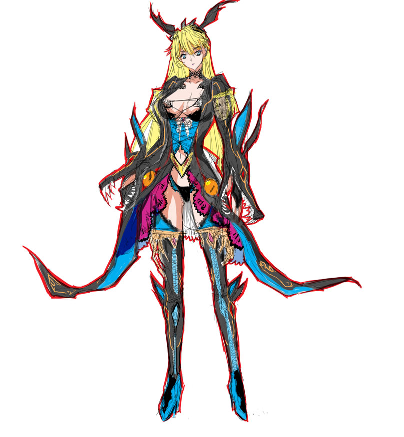 q azieru, 1girl, animal ears, blonde hair, blue eyes, boots, breasts, female focus, gloves, high heel boots, high heels, lace, lace-trimmed panties, lace trim, large breasts, long hair, looking at viewer, panties, revealing clothes, shoes, simple background, solo, underwear, white background