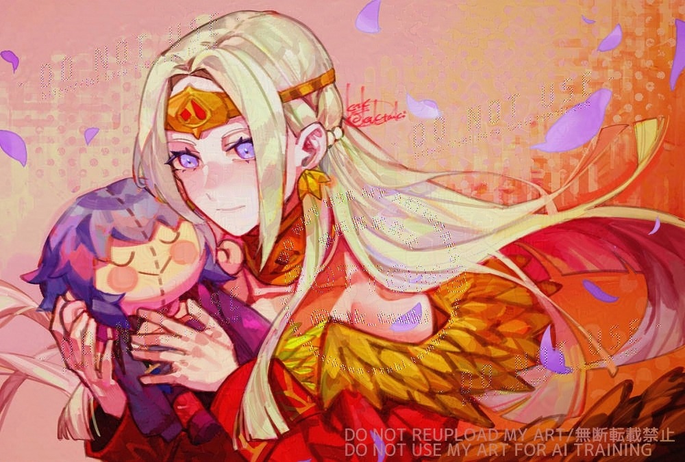 tatibana-tsuki, edelgard von hresvelg, edelgard von hresvelg (adorned eagle), female byleth (fire emblem), fire emblem, fire emblem: three houses, fire emblem heroes, nintendo, 1girl, artist name, bare shoulders, blonde hair, character doll, closed mouth, crown, detached sleeves, doll, dress, earrings, feathered wings, hair between eyes, holding, holding stuffed toy, jewelry, light smile, long hair, long sleeves, looking to the side, official alternate costume, parted bangs, purple eyes, red background, red dress, signature, solo, standing, stuffed toy, toy, wings